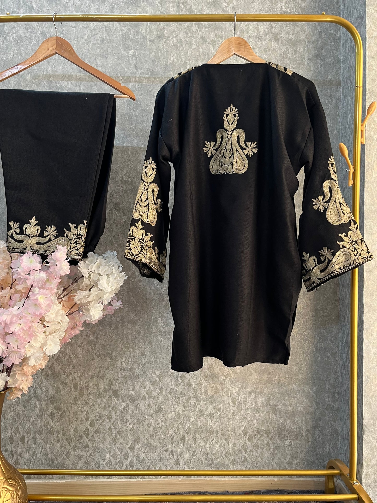 Black Woollen Kashmiri Co-Ord Set ( Size 46)