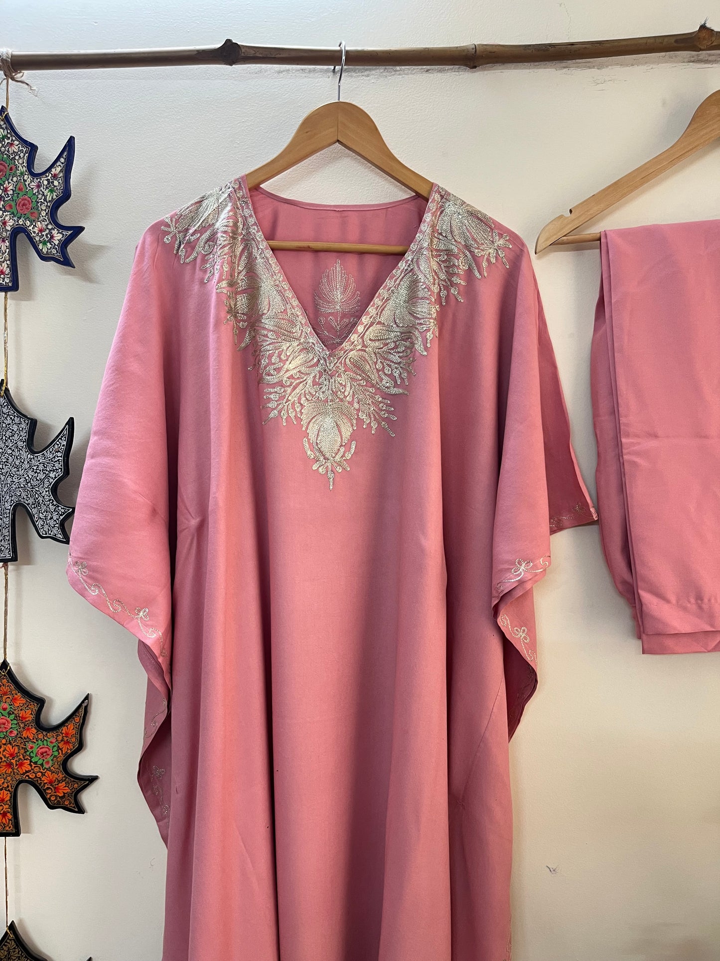 Soft Pink Rayon Cotton Kashmiri Tilla Kaftan