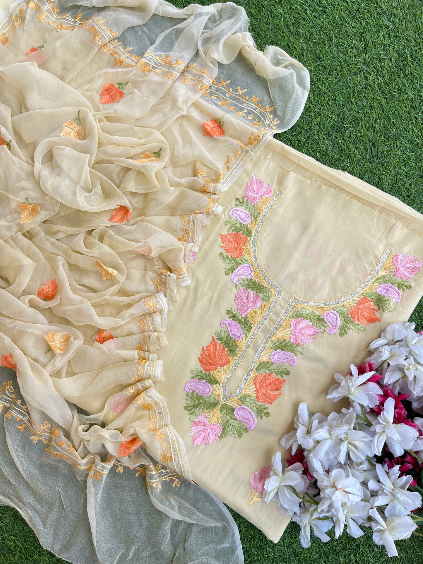 Beige Muslin Cotton Jaal Sleeves Kashmiri 3pc Suit