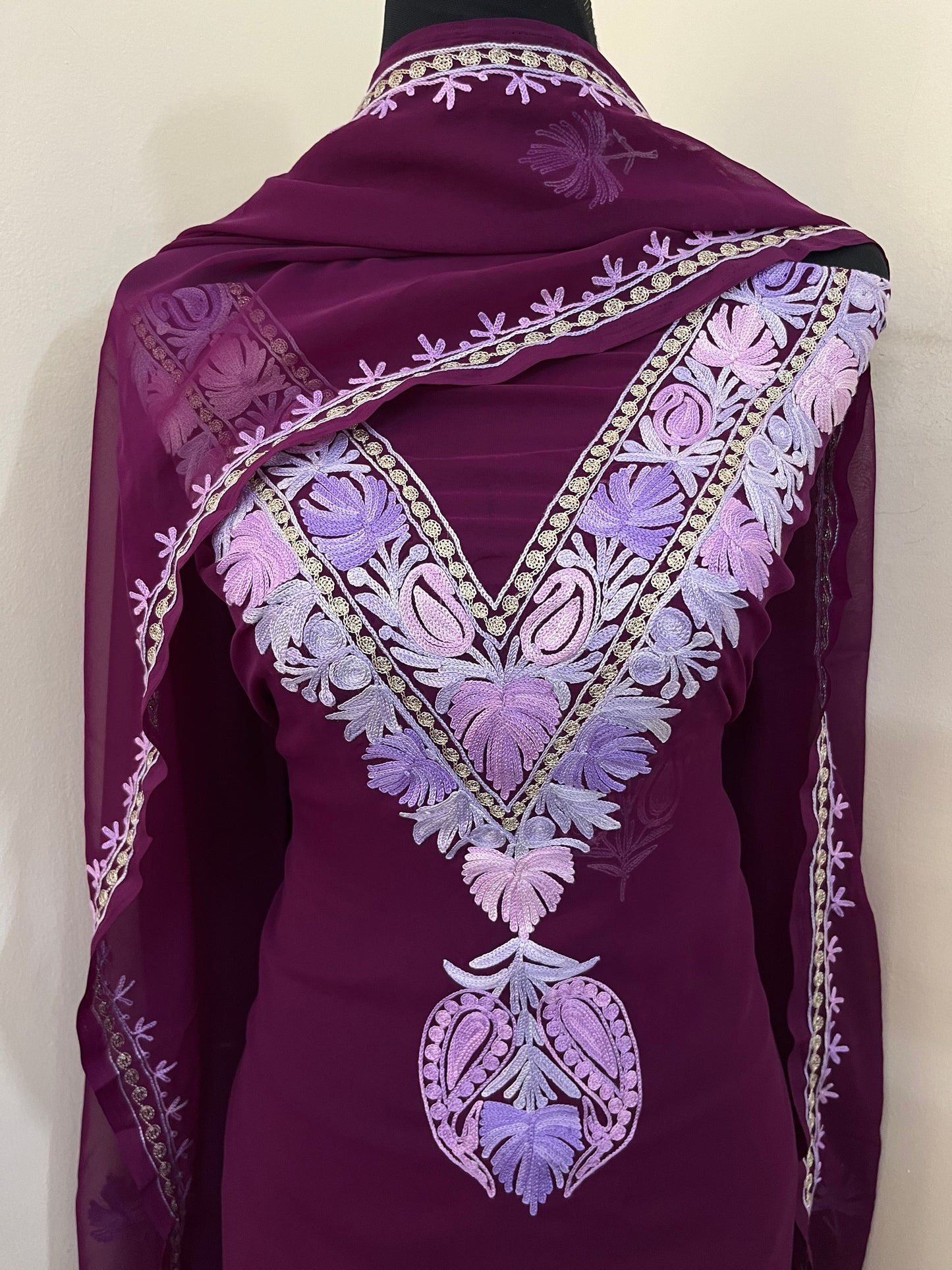 Wine Georgette 3 Pc Aari Embroidered Suit Set