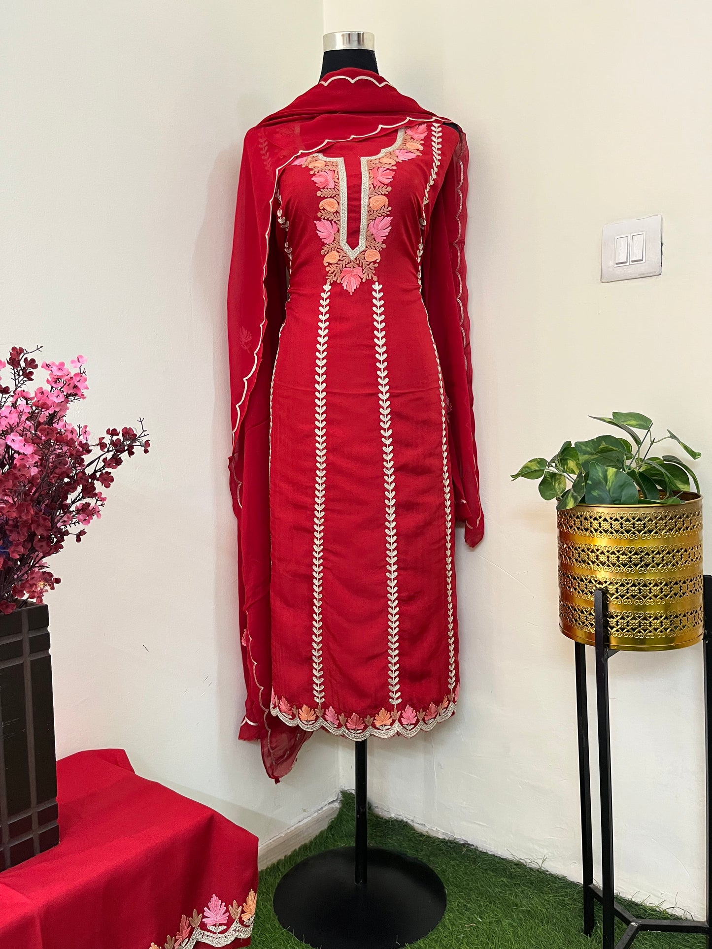 Sanam’ Maroon Silk Aari Embroidered Suit material