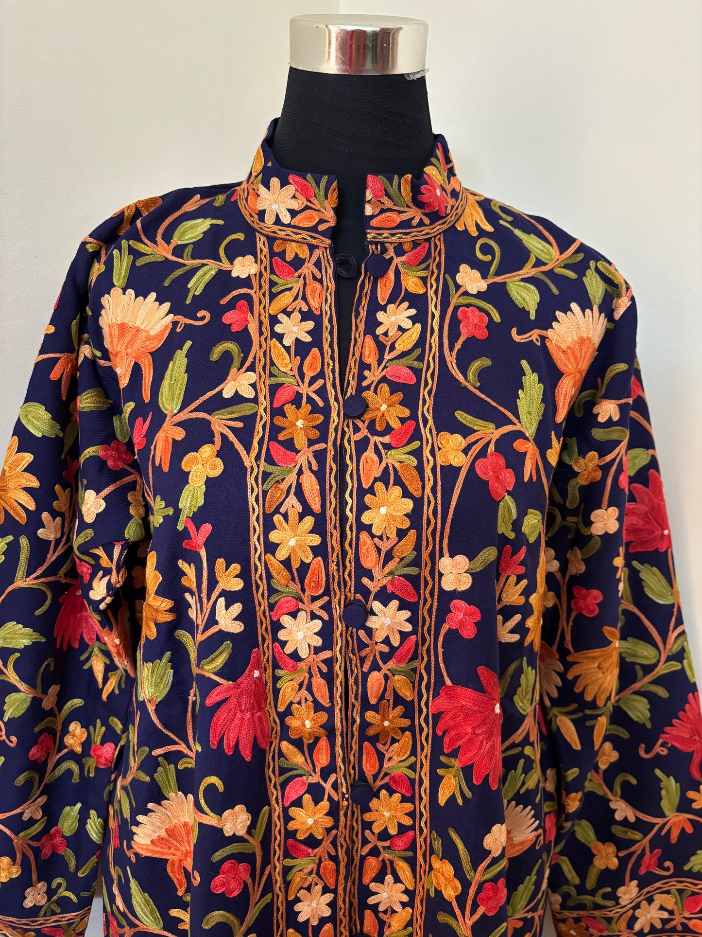 Navy Blue Aari Embroidered Pure Wool Jacket XXL