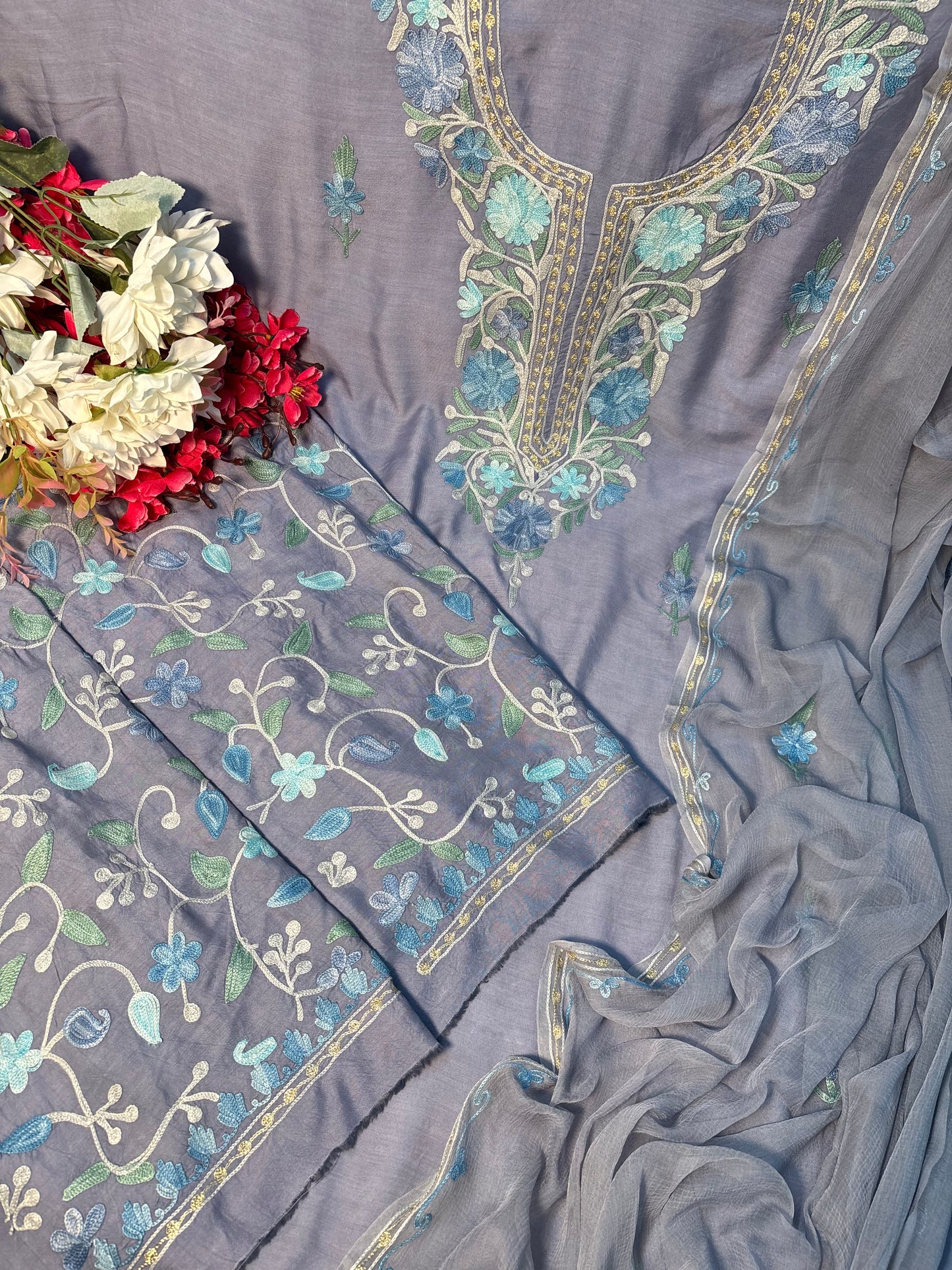 English Grey Muslin Cotton Jaal Sleeves Kashmiri 3pc Suit