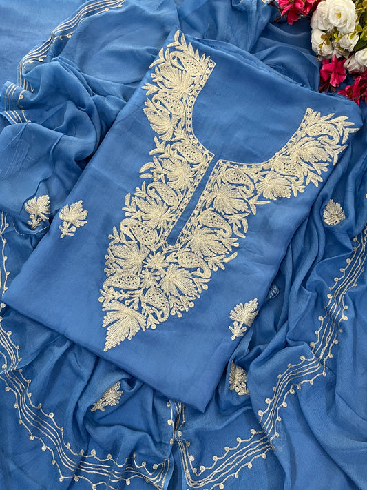 Blue Silk Tilla Kashmiri Suit
