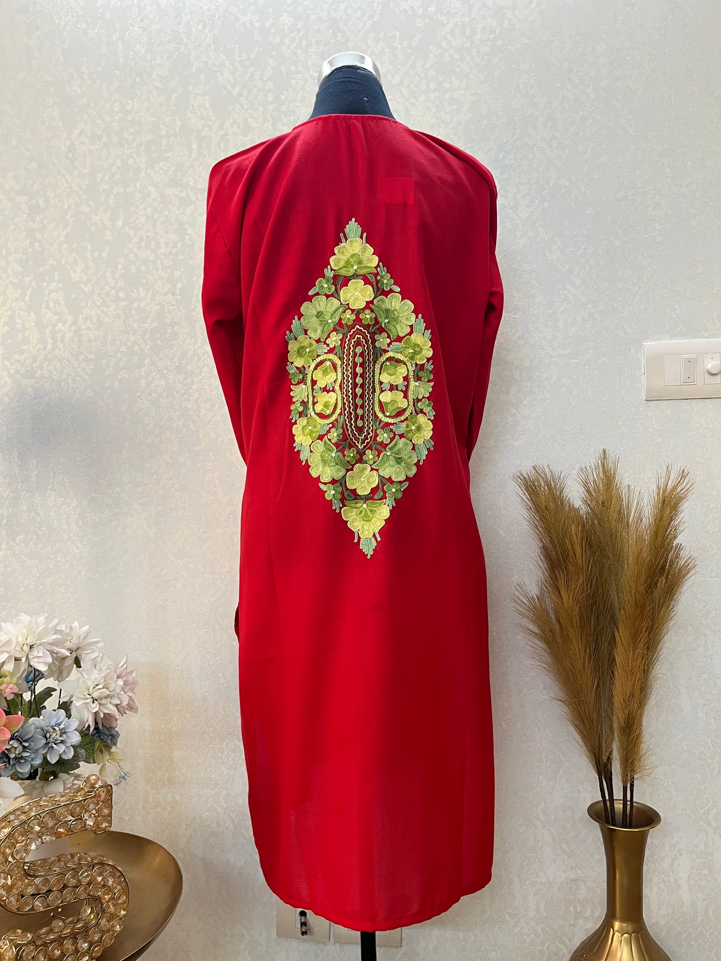 Red Cotton Aari Work Kurta