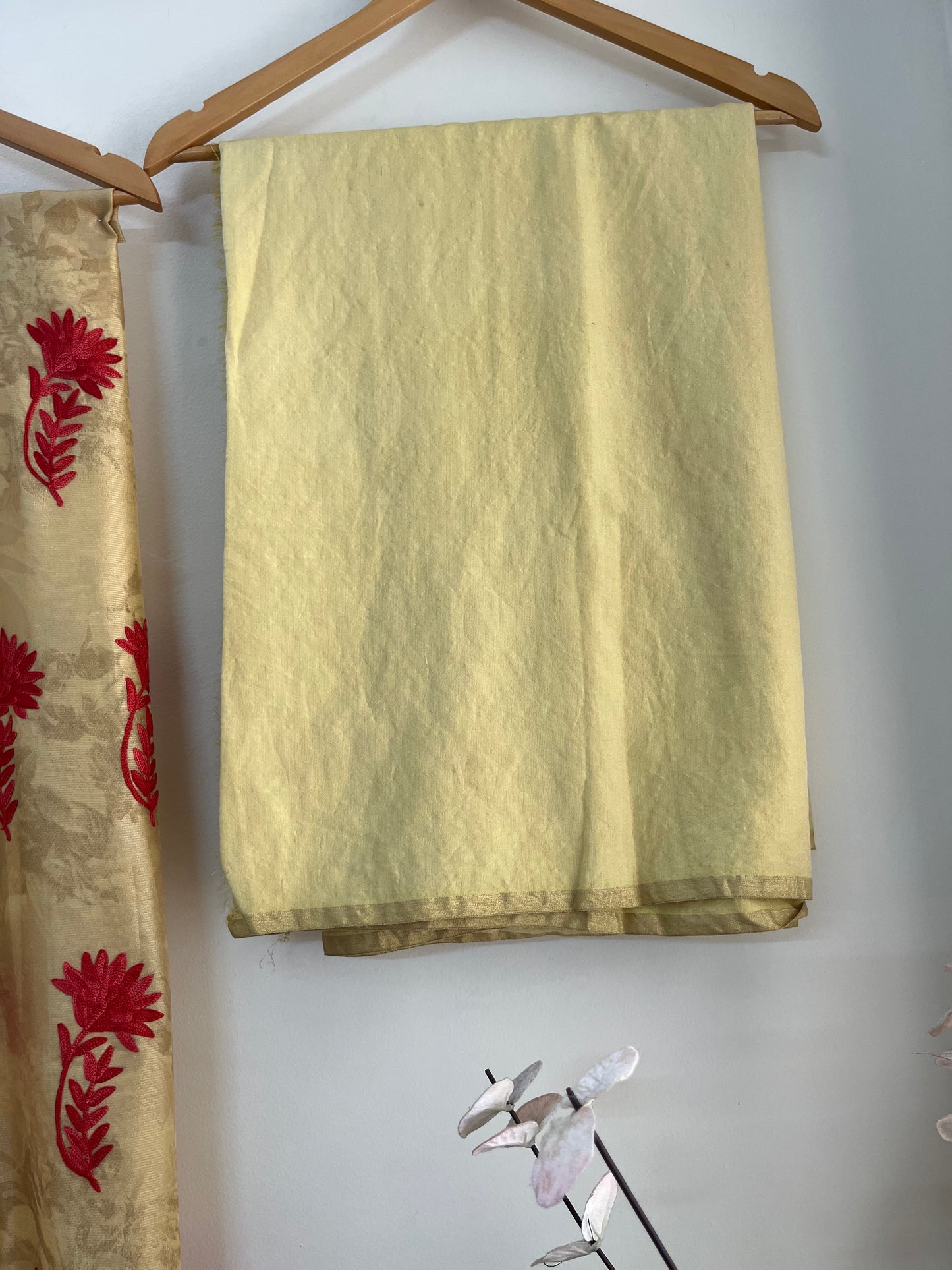 Mustard Gold Self Work Satin Cotton Unstitched Co-ord Set