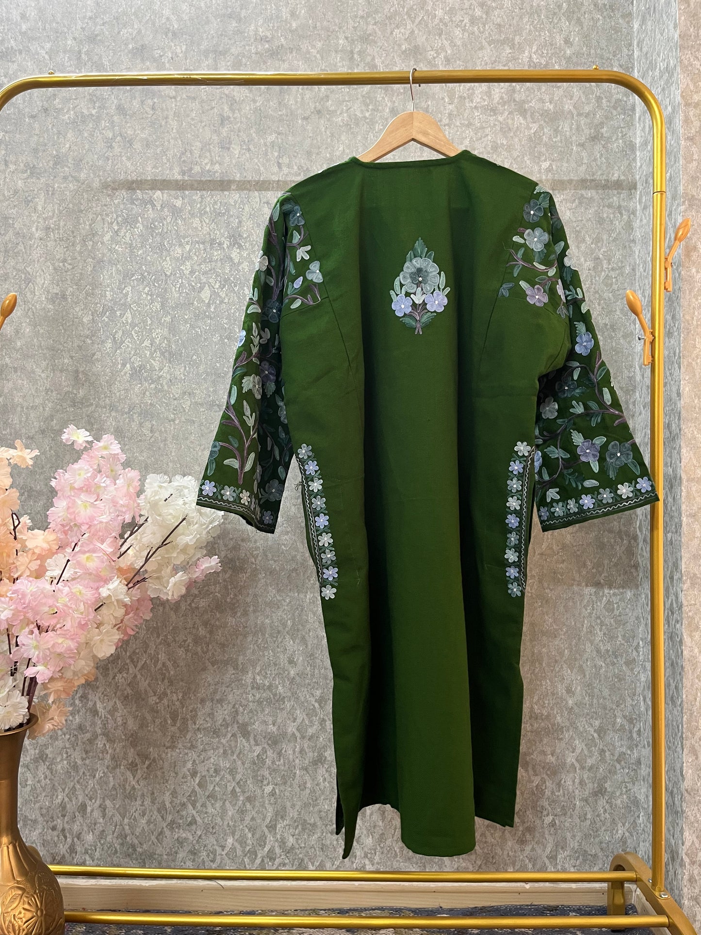 Henna Green Aari Embroidered Wool Pheran