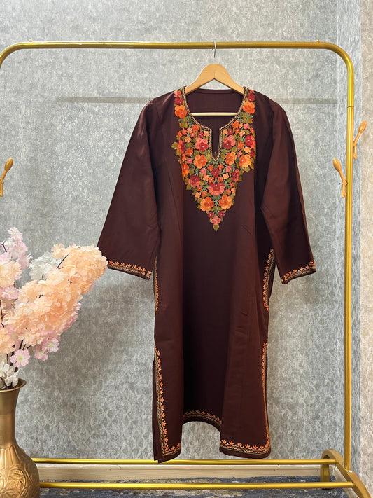 Brown Aari Embroidered Wool Pheran