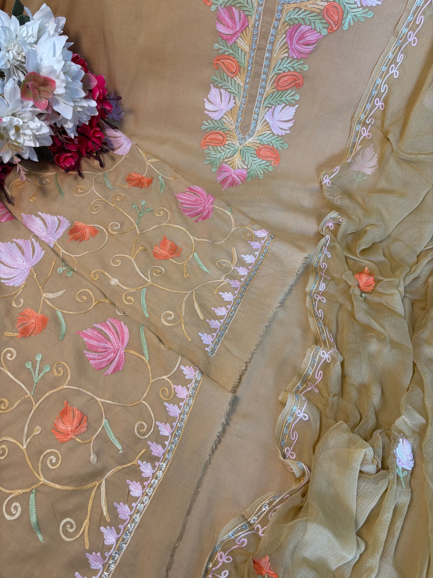 Faun Muslin Cotton Jaal Sleeves Kashmiri 3pc Suit