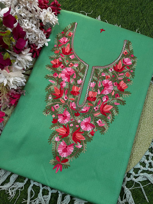 Green Woollen Aari Embroidered 2pc suit 5mtr