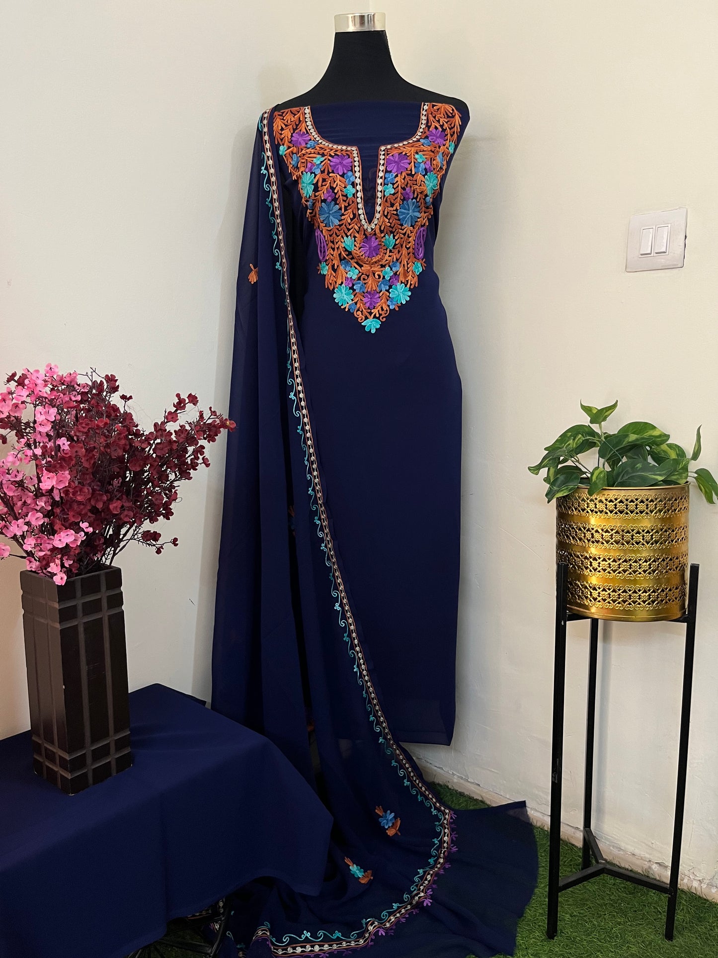 Blue Georgette 3 Pc Aari Embroidered Suit Set