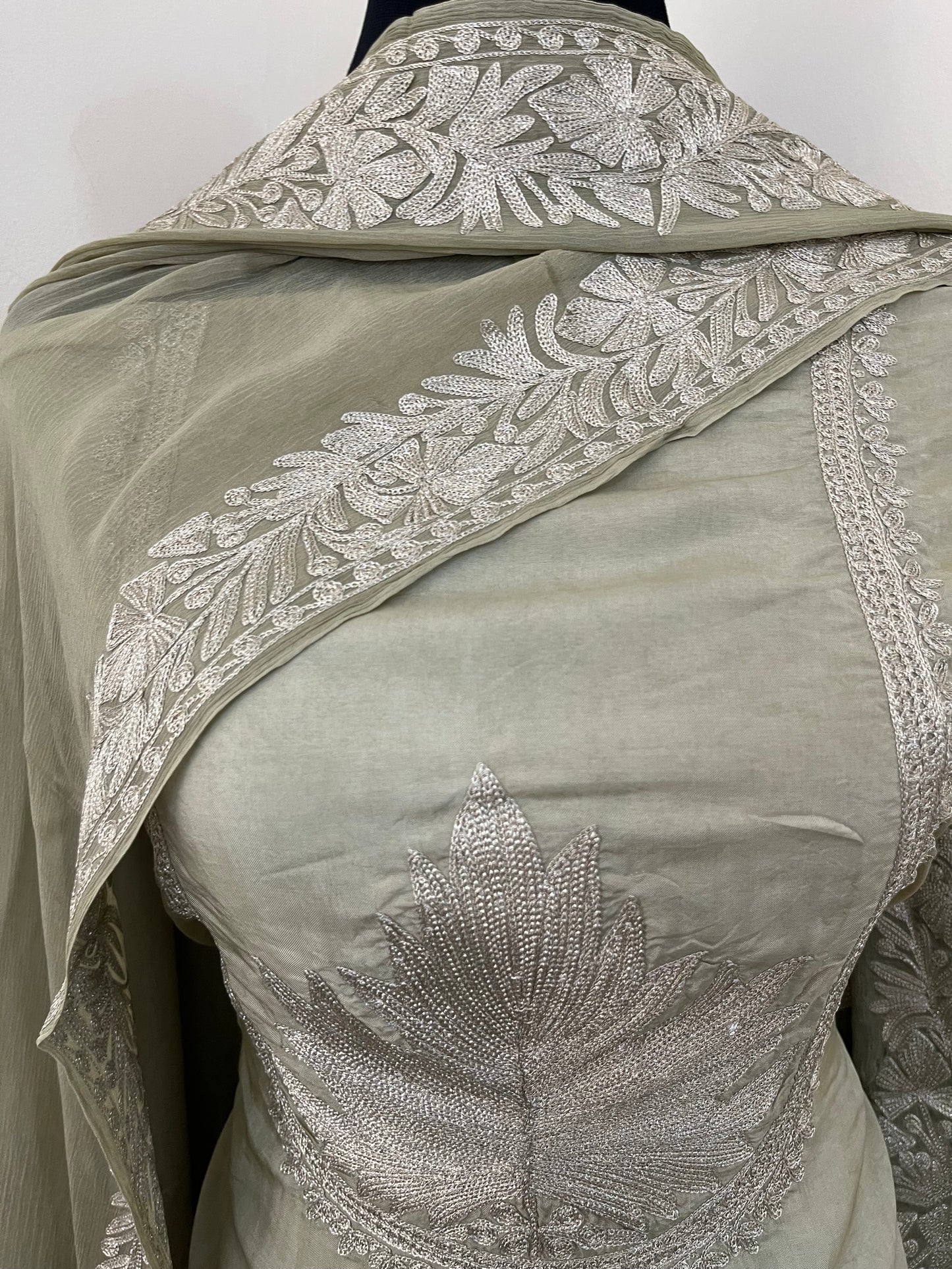 Sanam’ Pastel Green Tilla Embroidered Suit material