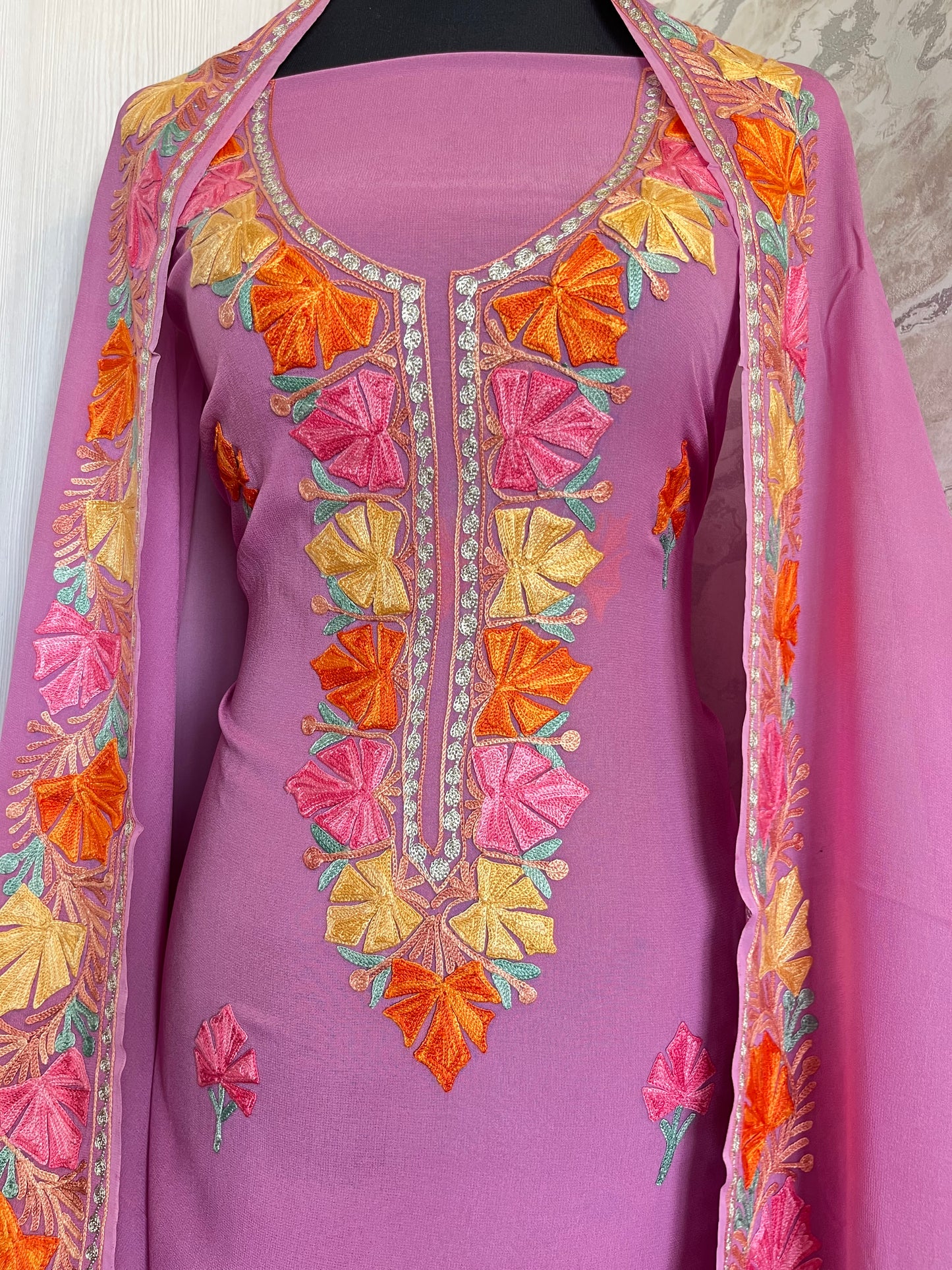 Lilac Pure Georgette Aari Embroidered Suit