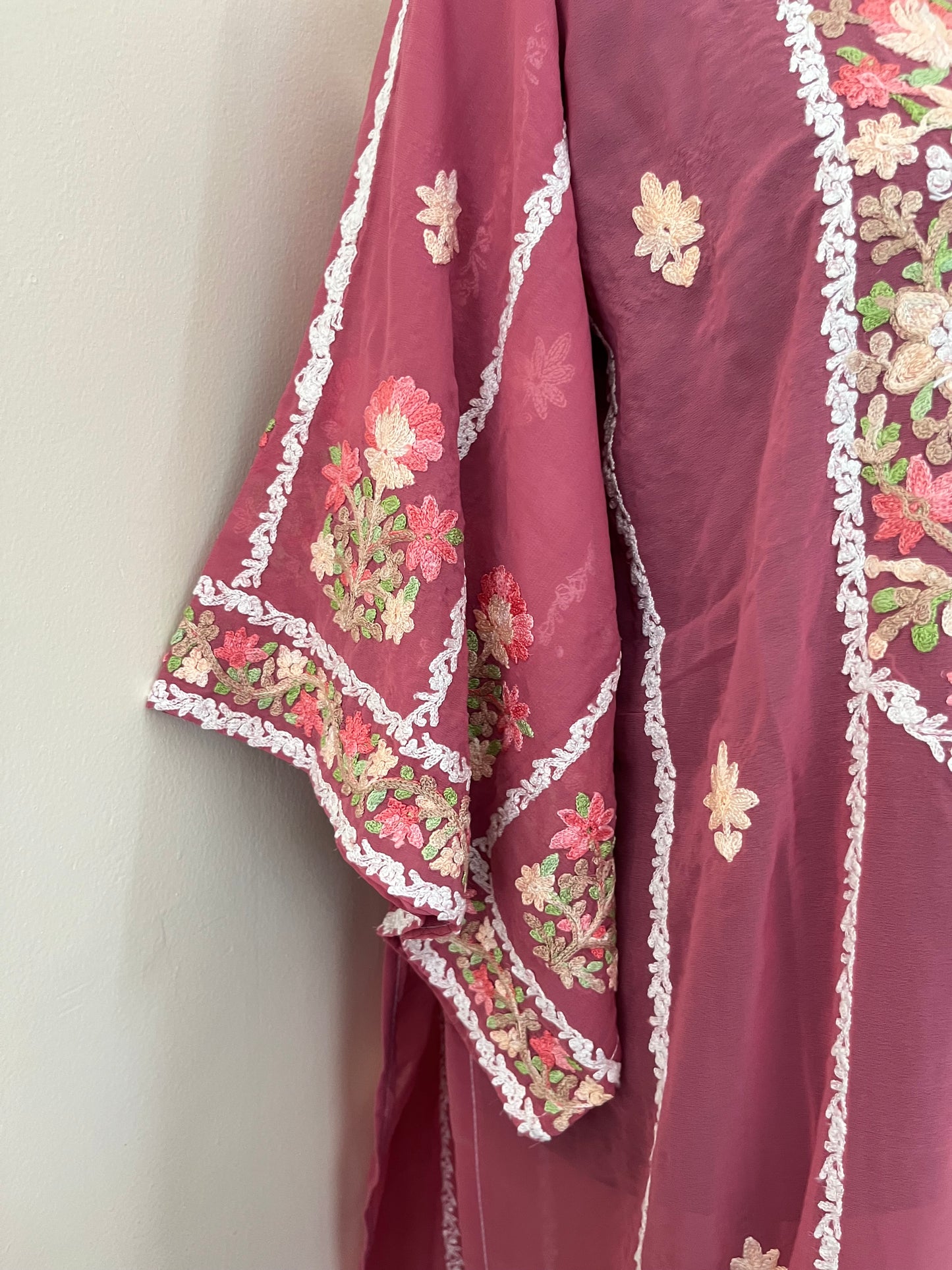 Pink Georgette All over Work Aari Embroidered Unstitched Kurta