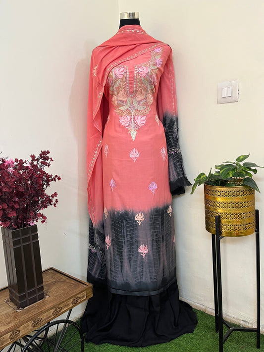 Peach Mul Cotton Shibori Work Kashmiri 3pc Suit