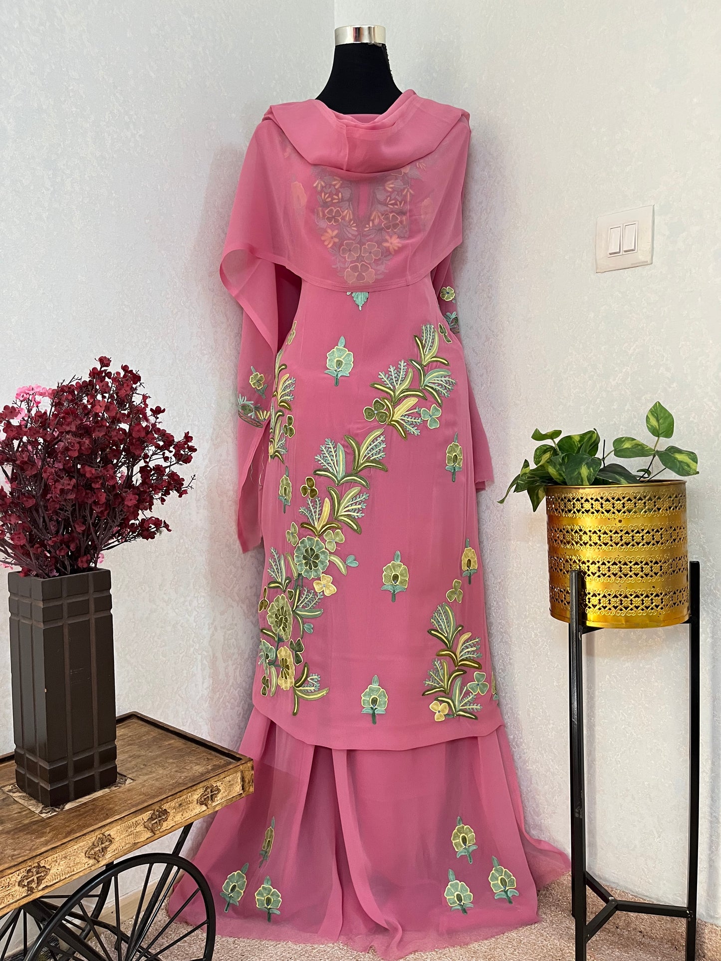 Onion Pink Georgette 3 Pc Aari Embroidered Suit