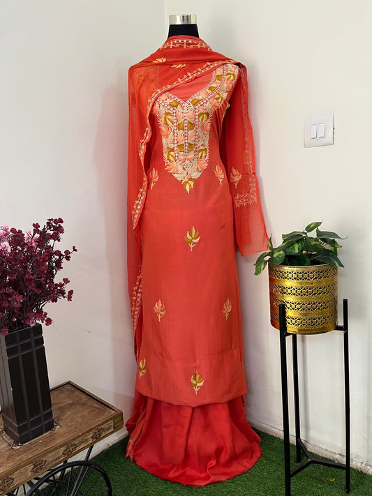 Soft Orange Muslin Cotton Aari Embroidered 3pc set