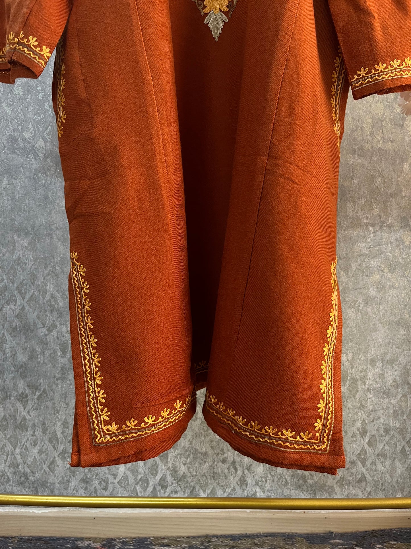 Orange Aari Embroidered Wool Pheran