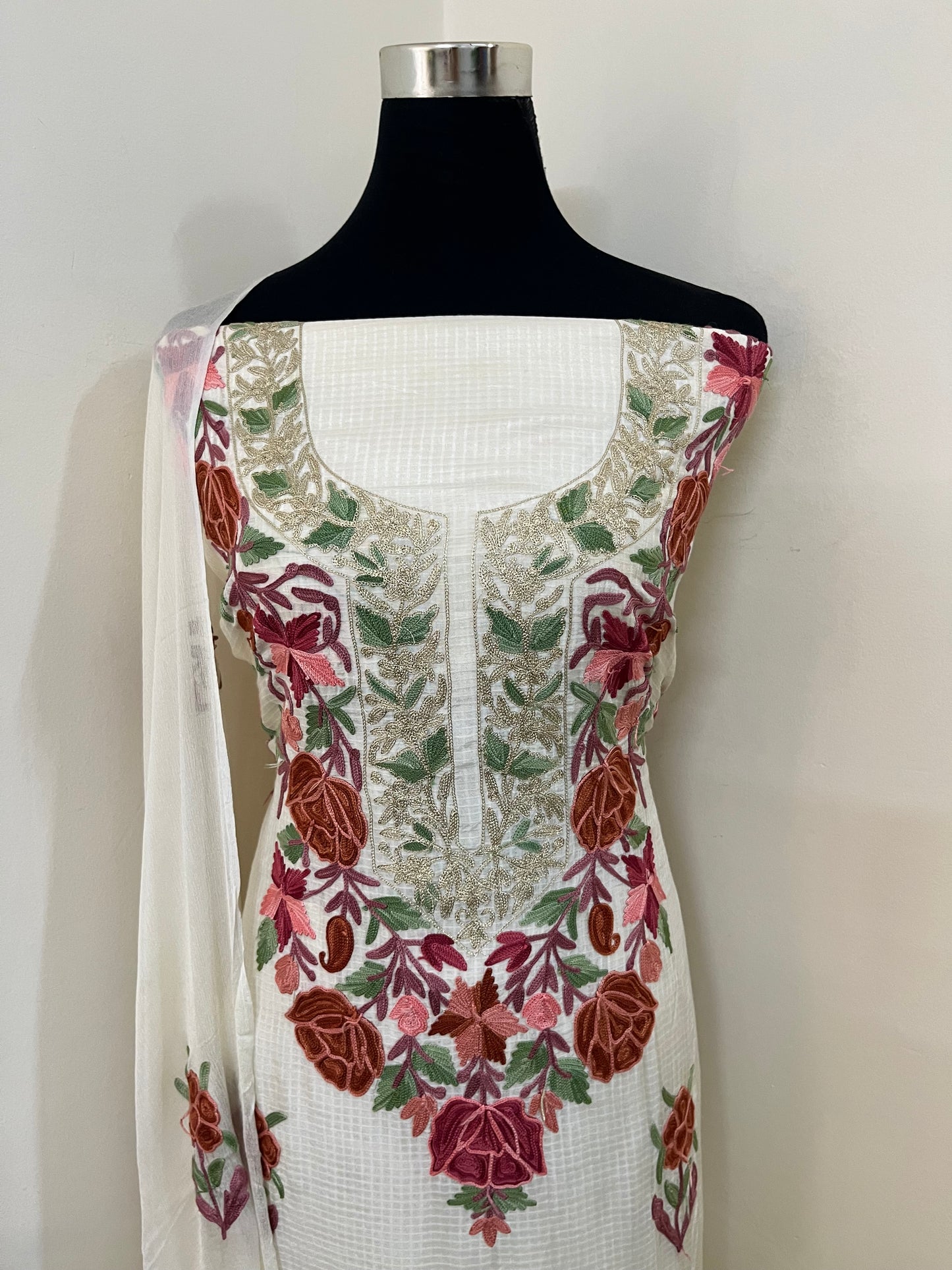 Kalaa’ Ivory Check Satin Cotton Kashmiri Suit