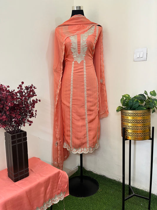 Sanam’ Peach Silk Tilla Embroidered Suit material