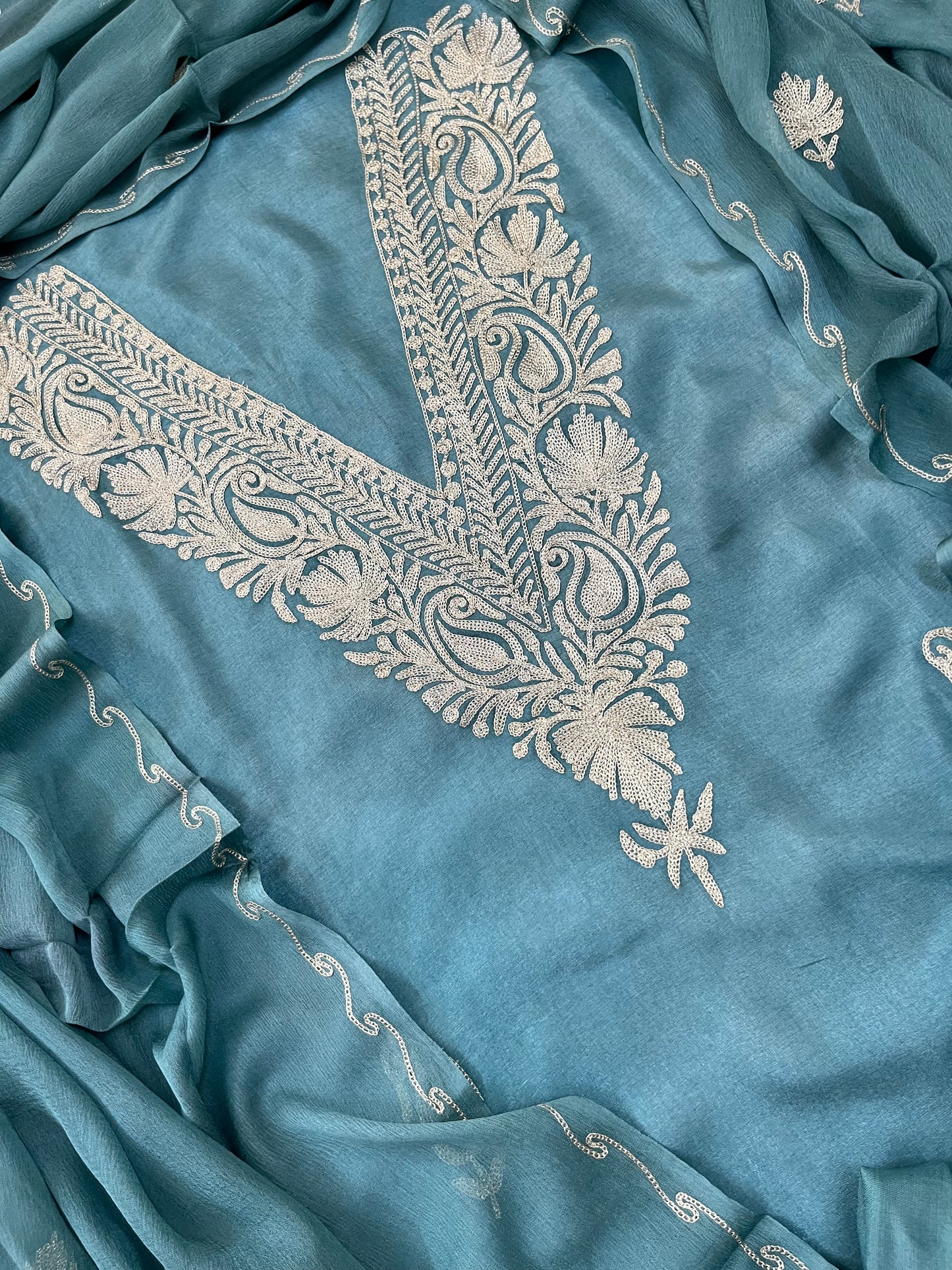 Sanam’ Pastel Blue Silk Tilla Kashmiri Suit