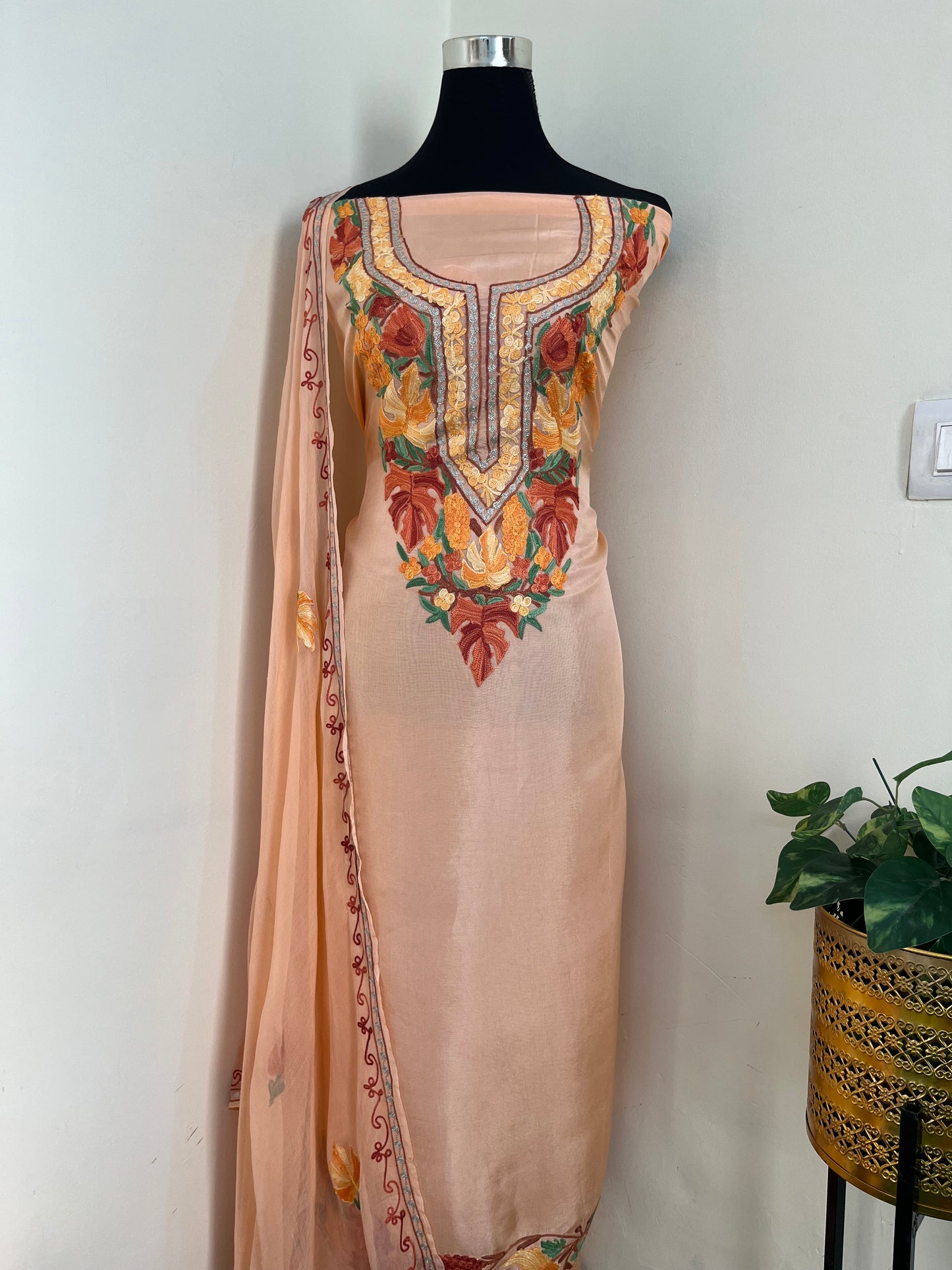 Peach Opada Silk Aari Embroidered Suit material