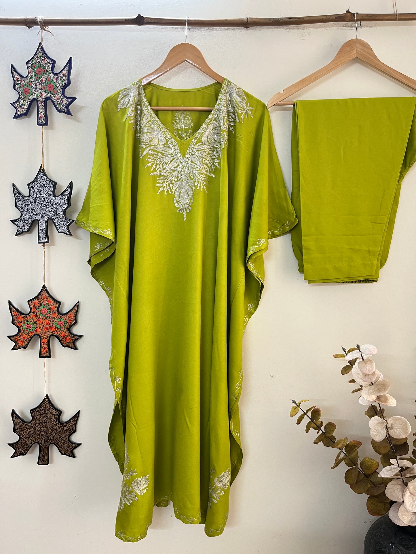 Neon Green Rayon Cotton Kashmiri Tilla Kaftan