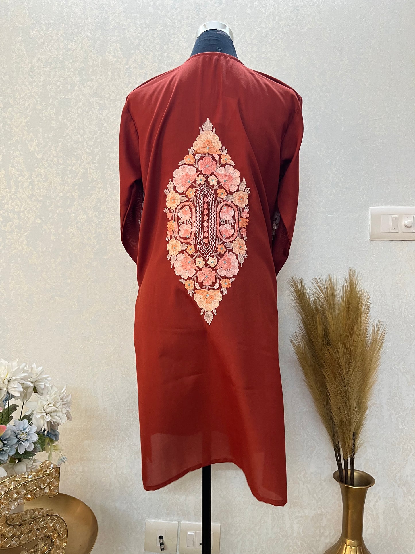 Rust Cotton Aari Work Kurta