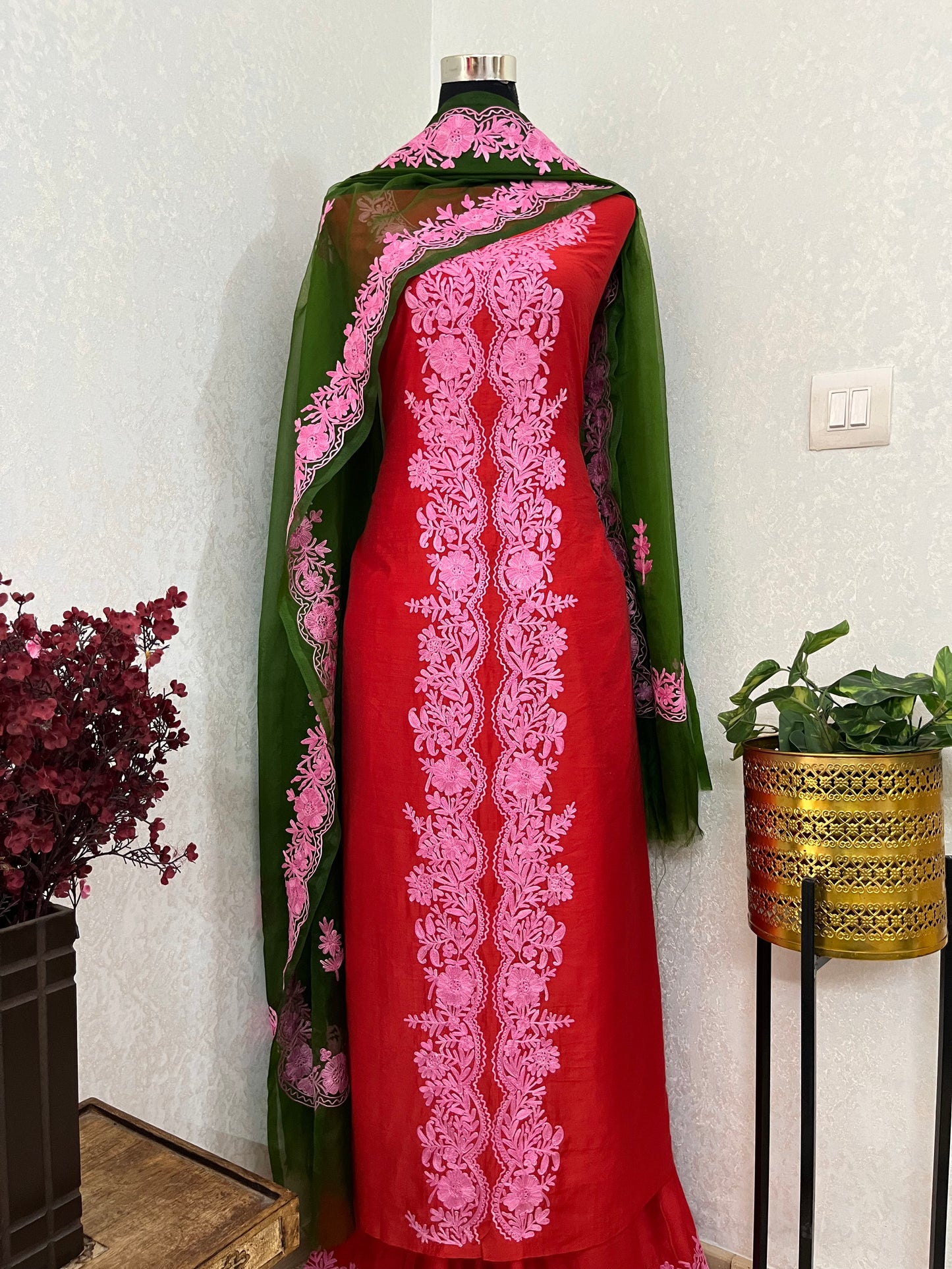 Red Chanderi Silk Kashmiri Suit