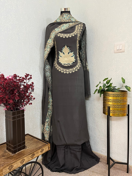 Grey Chinon 3 Pc Aari Embroidered Suit