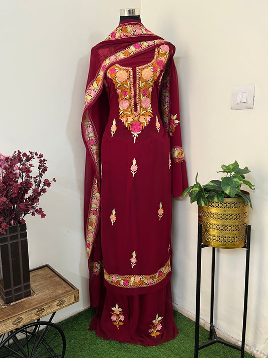 Maroon Georgette 3 Pc Aari Embroidered Suit Set