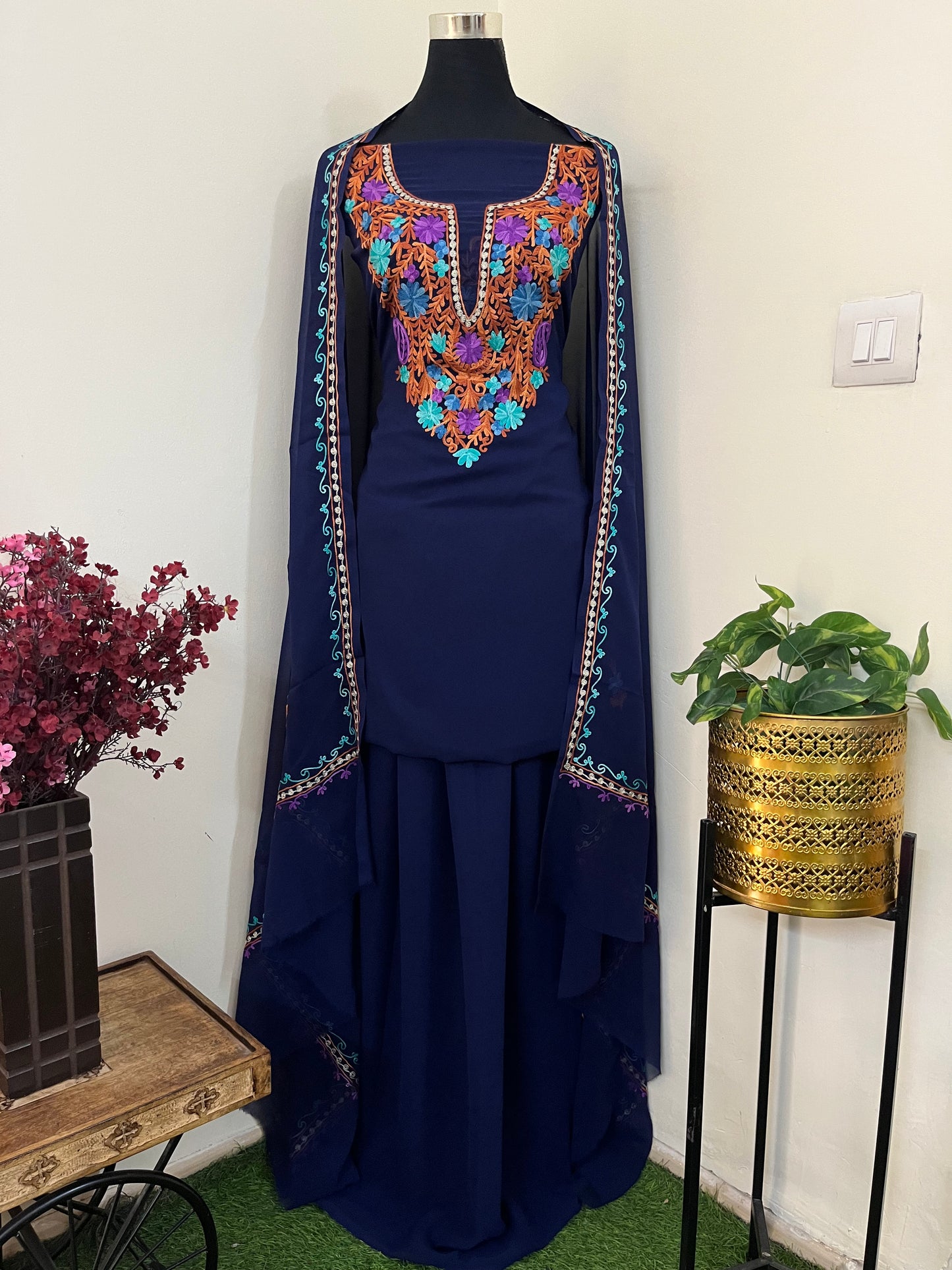 Blue Georgette 3 Pc Aari Embroidered Suit Set