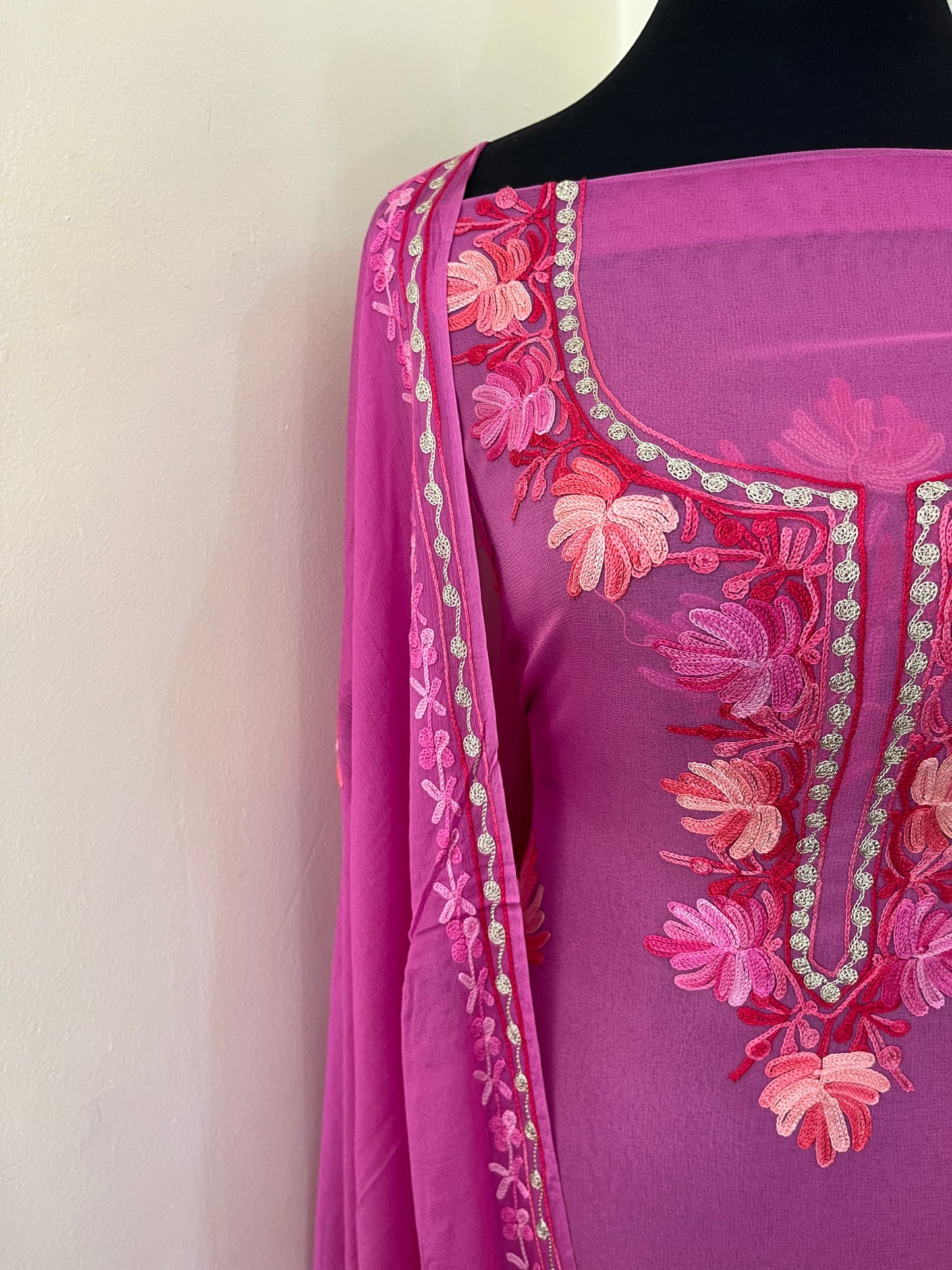 Mauve Pure Georgette Aari Embroidered Suit