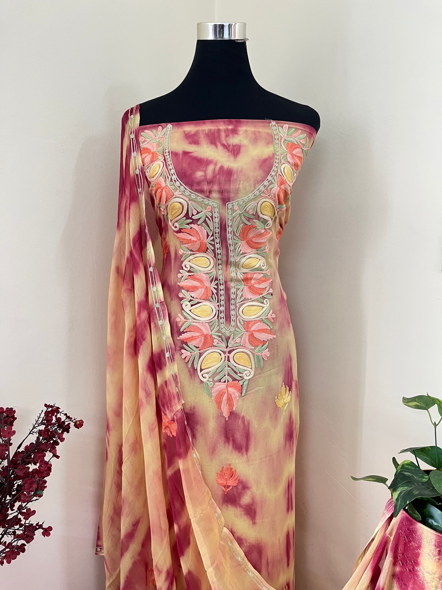 Yellow Pink Pure Georgette Ty Dy Kashmiri Suit