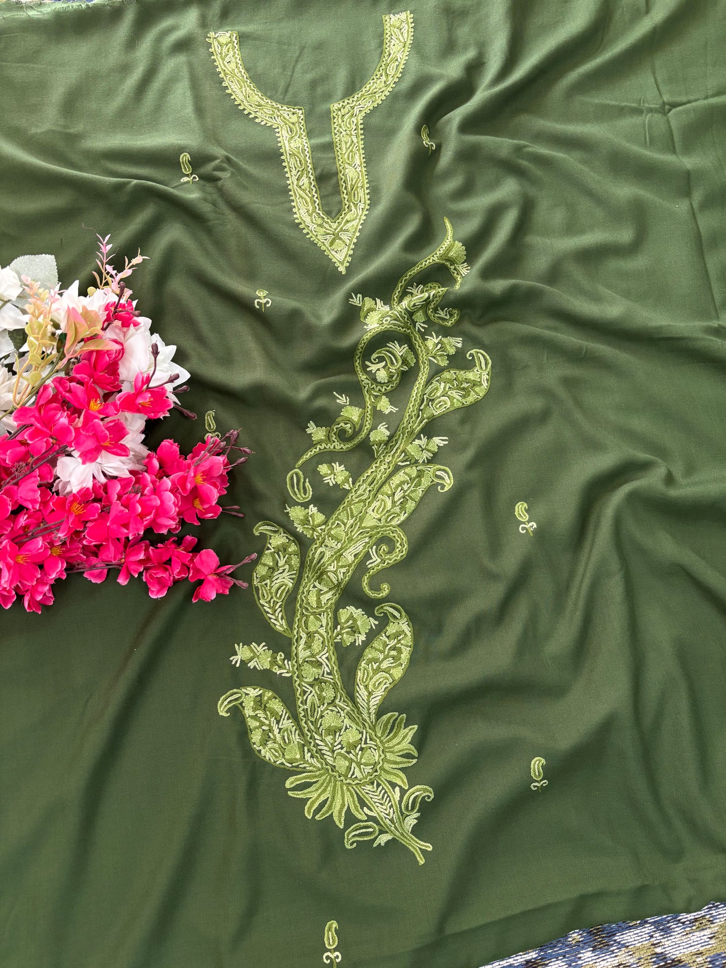 Cotton Green Two Piece Set (Hand Embroidered)