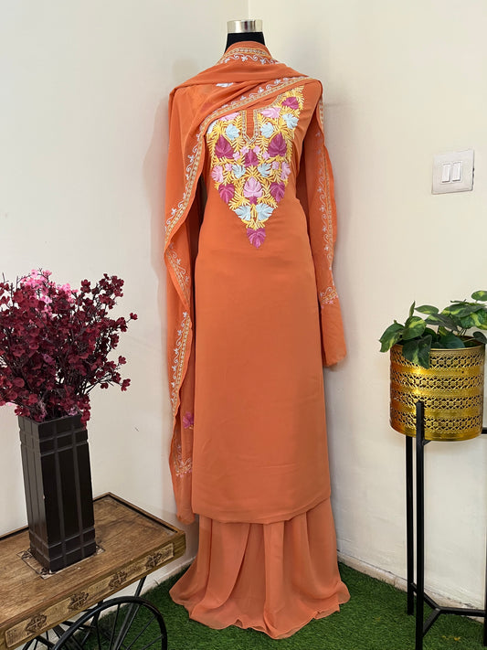 Soft Orange Georgette 3 Pc Aari Embroidered Suit Set