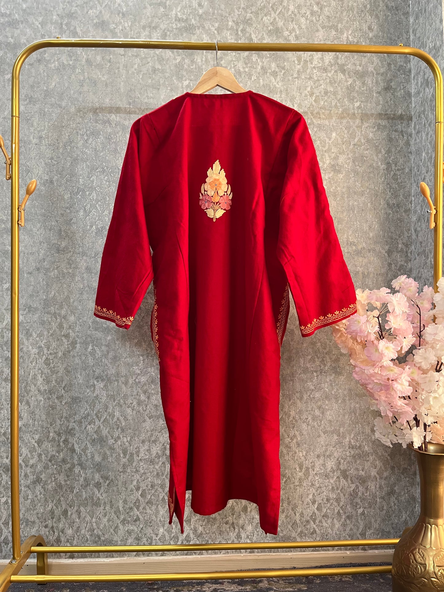 Red Aari Embroidered Wool Pheran