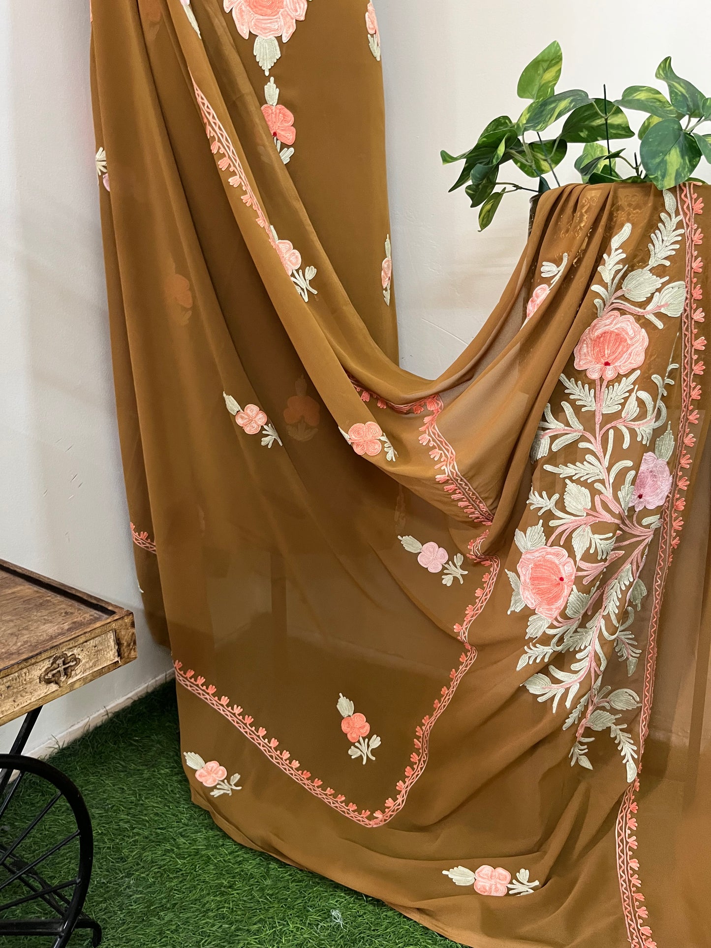 Coffee Brown Georgette 3 Pc Aari Embroidered Suit