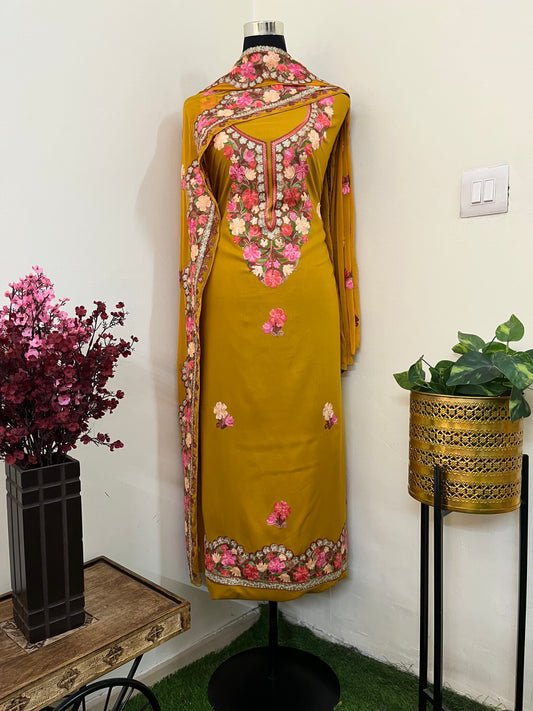 Mustard Yellow Rayon Cotton Kashmiri 3pc set