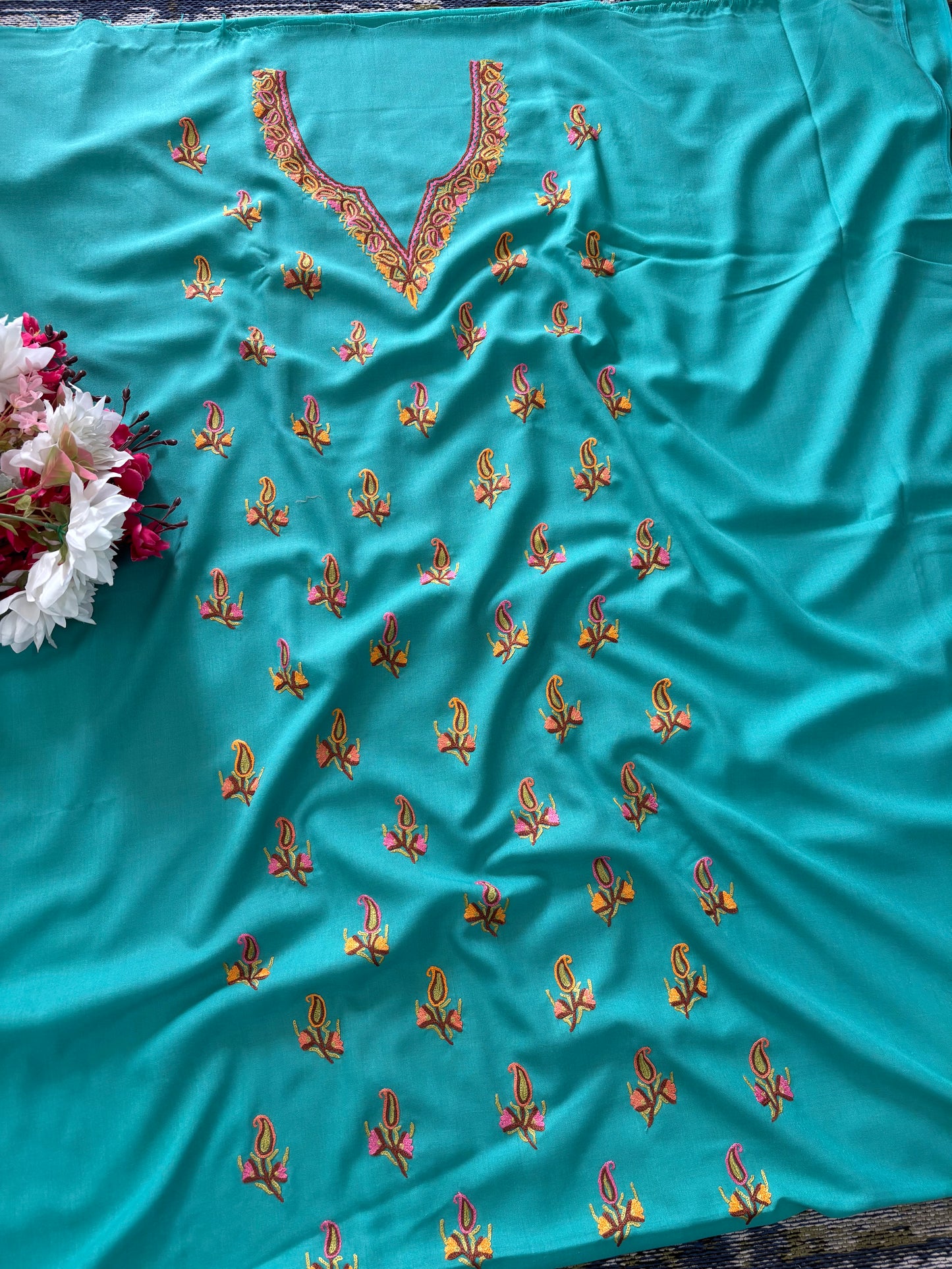 Cotton Green Two Piece Set (Hand Embroidered)