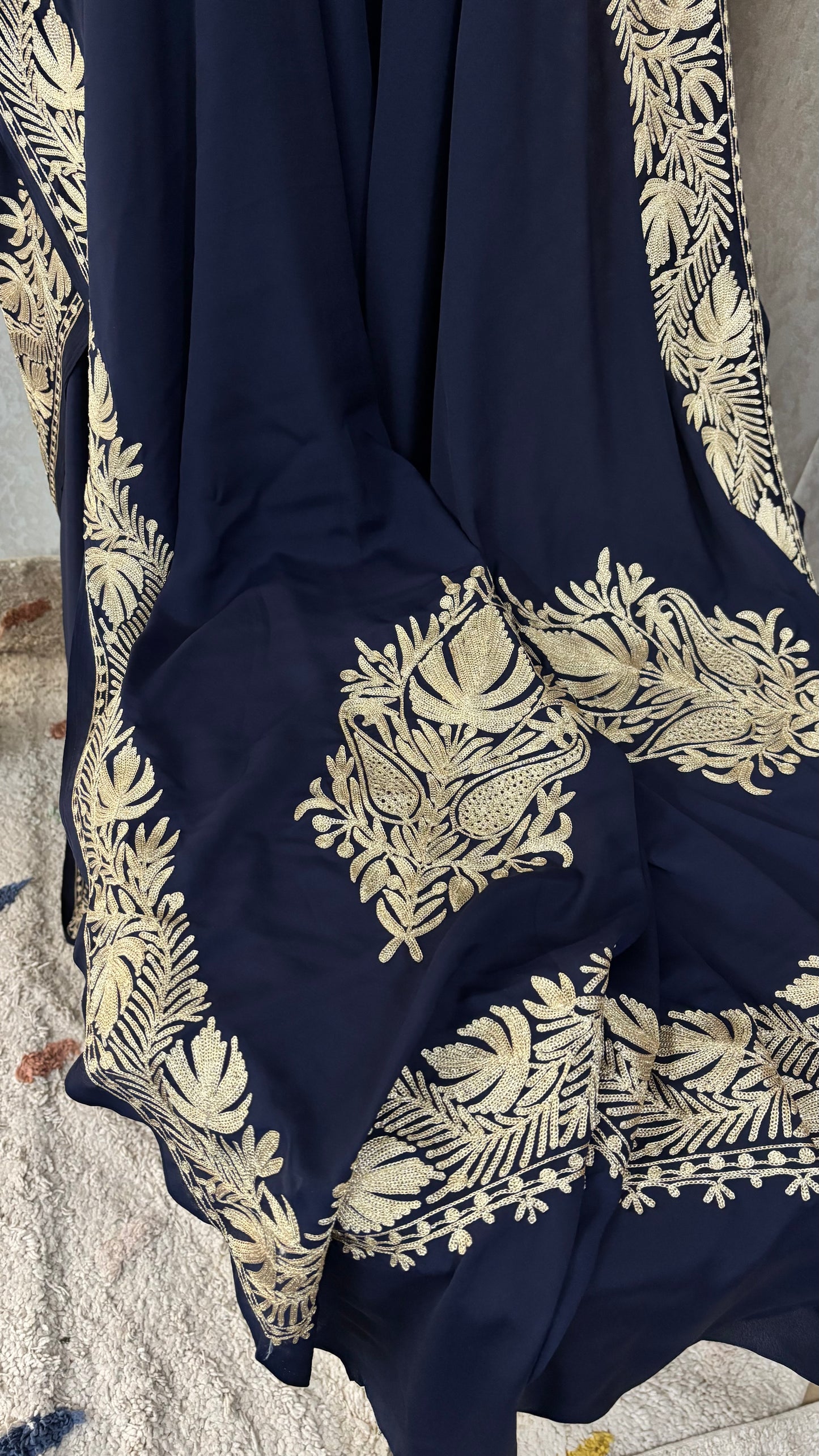 Navy Blue Crape Kashmiri Tilla Saree