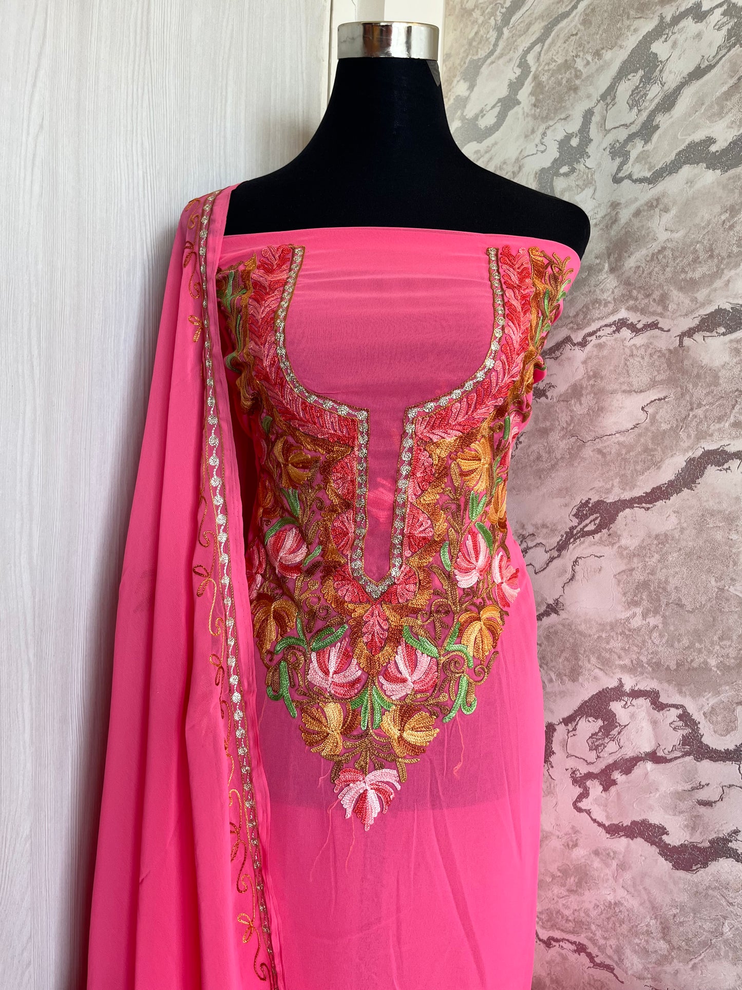 Candy Pink Georgette Shirt and Dupatta Aari Embroidered Suit