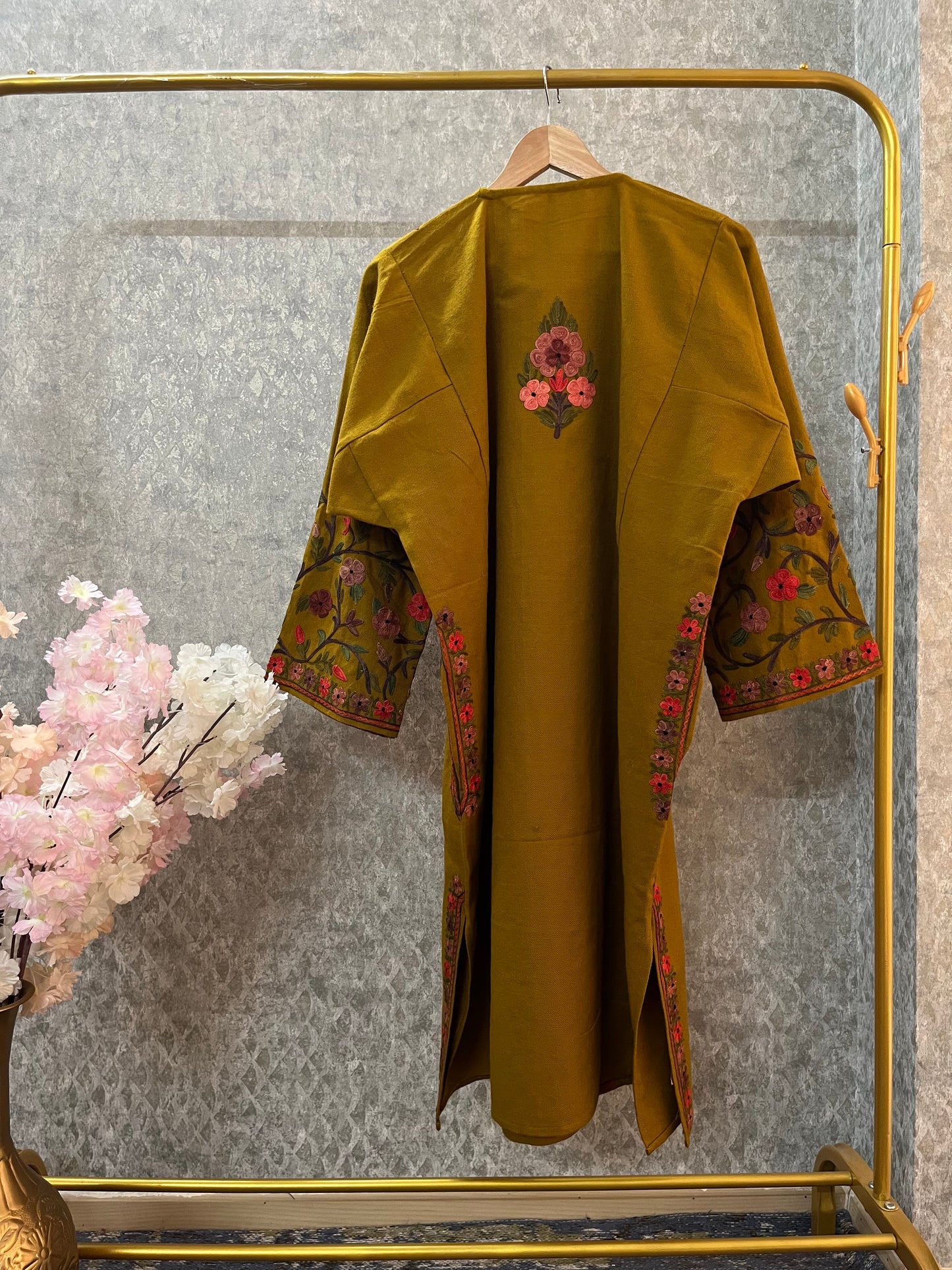 Mustard Gold Aari Embroidered Wool Pheran