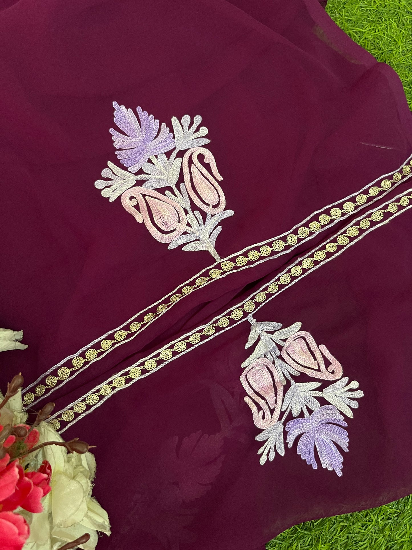 Wine Georgette 3 Pc Aari Embroidered Suit Set