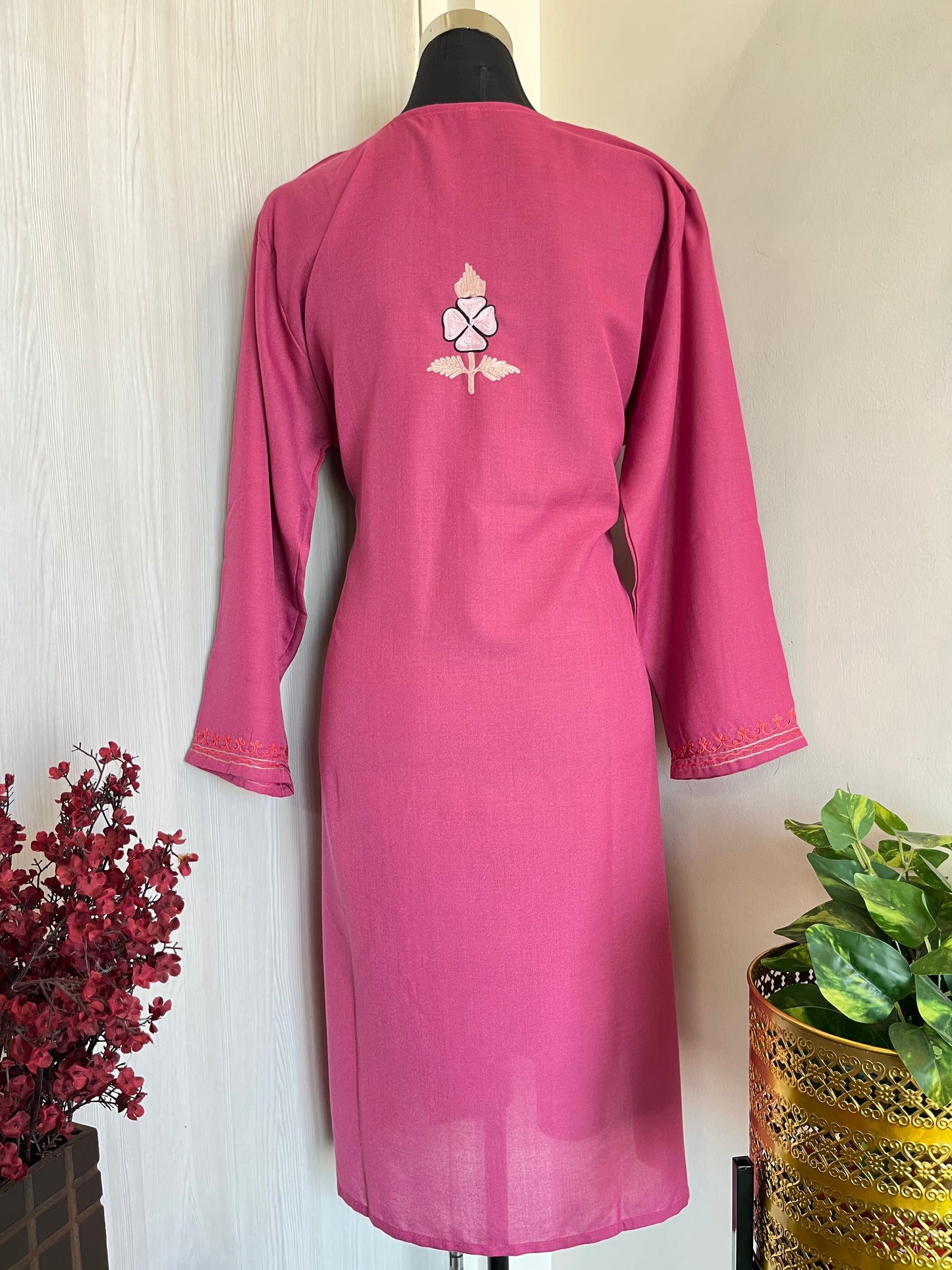 Pink Cotton Aari Work Kurti (Free Size up to Bust 46inches )