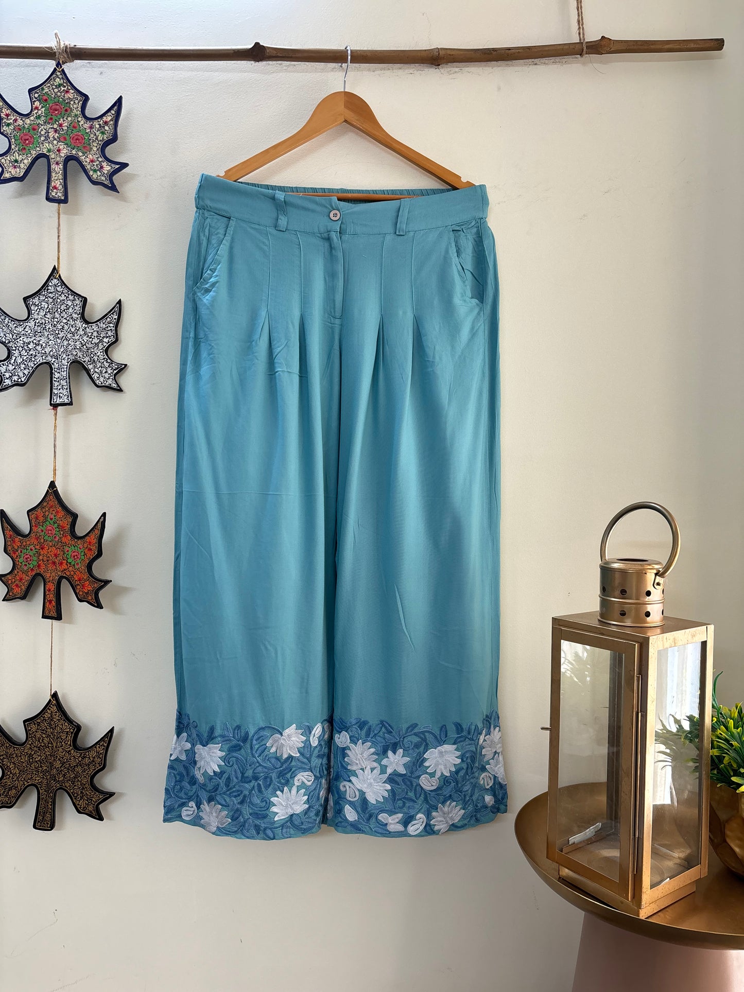 Women Blue Ankle Length Aari Embroidered Palazzos ‘S’