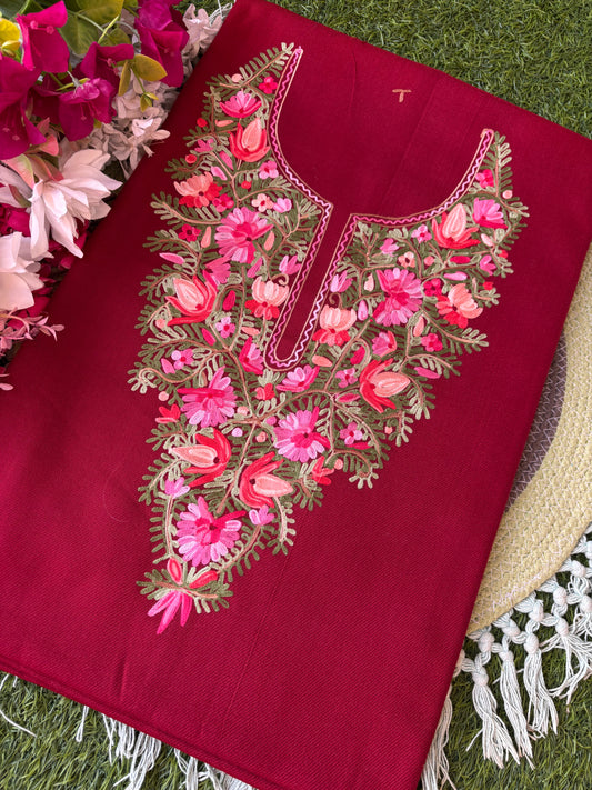 Maroon Woollen Aari Embroidered 2pc suit 5mtr