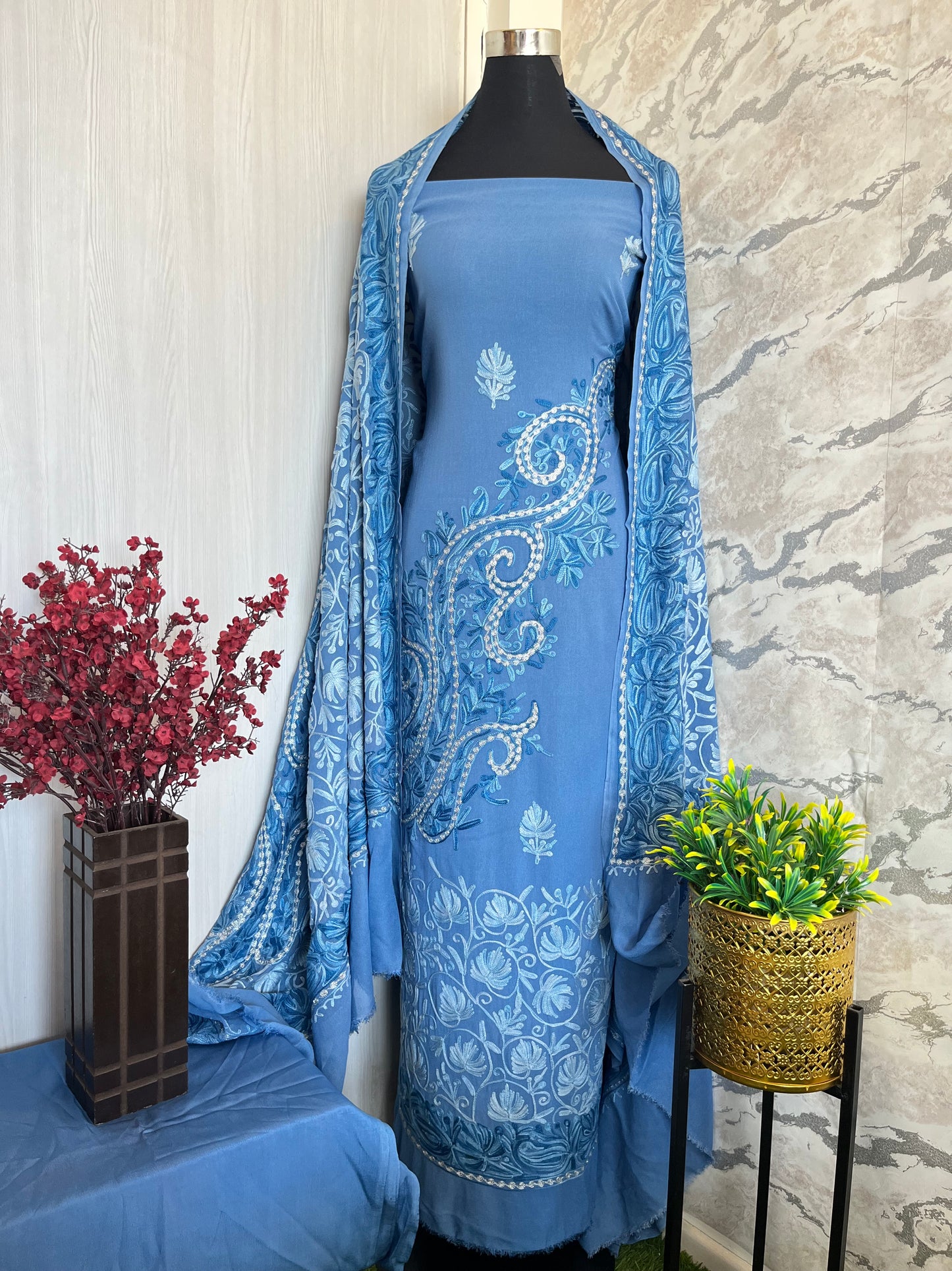 Blue Pure Georgette Aari Embroidered Suit