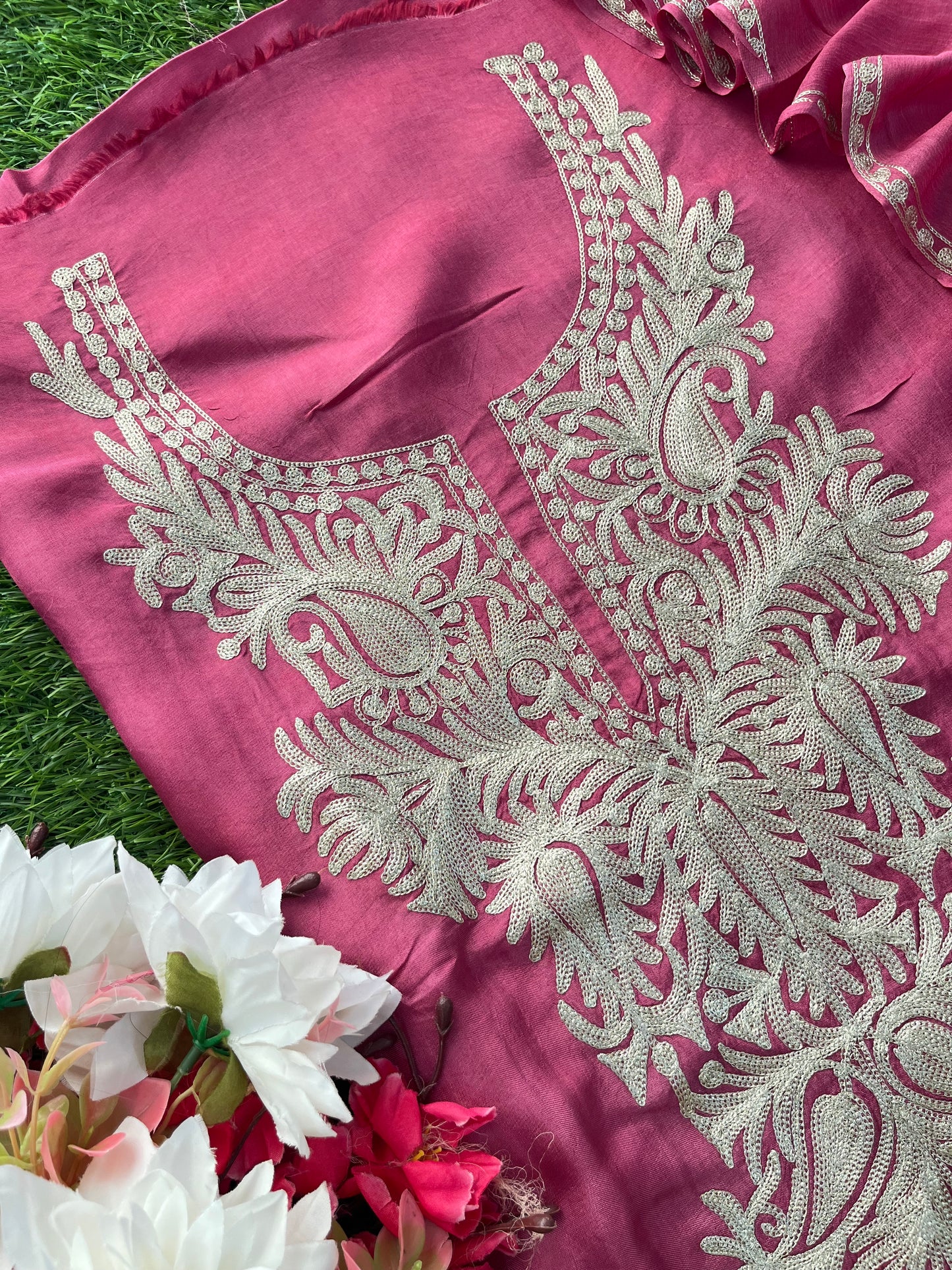 Onion Pink Silk Tilla Kashmiri Suit