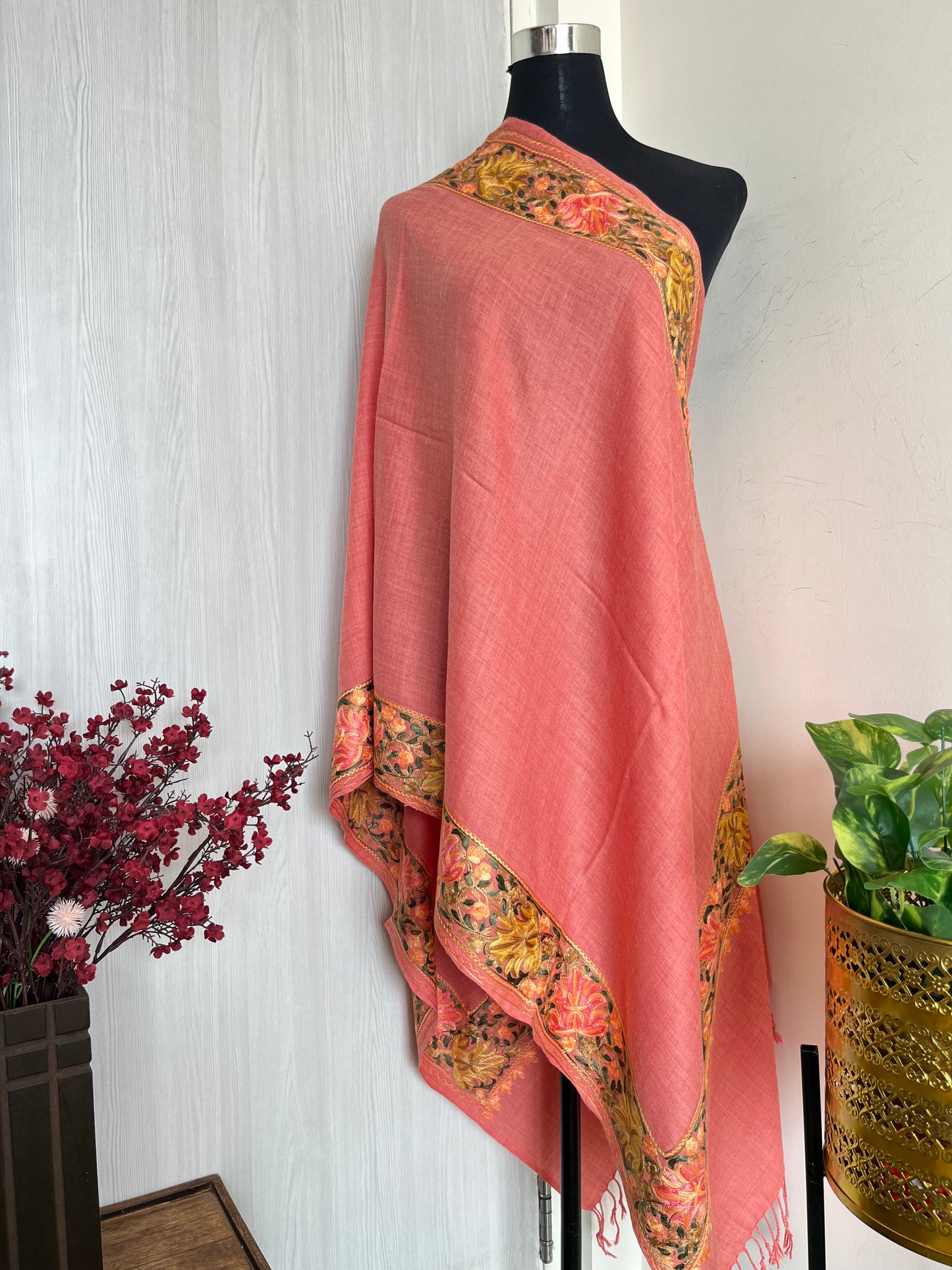 Pink Aari Embroidered Fine Semi Pashmina stole